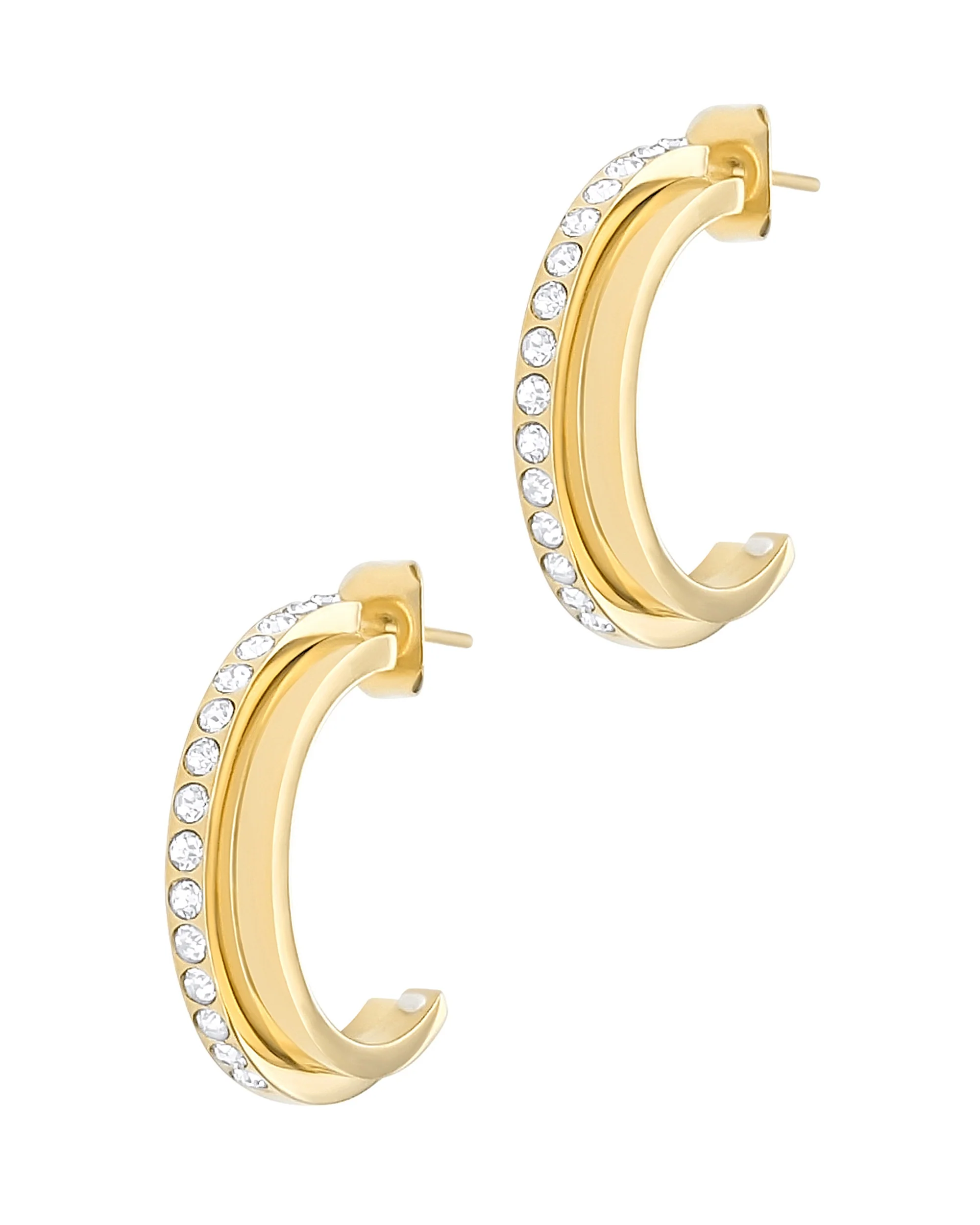 DEMI CREOLES EN ACIER DORE 2 RANGS AVEC STRASS