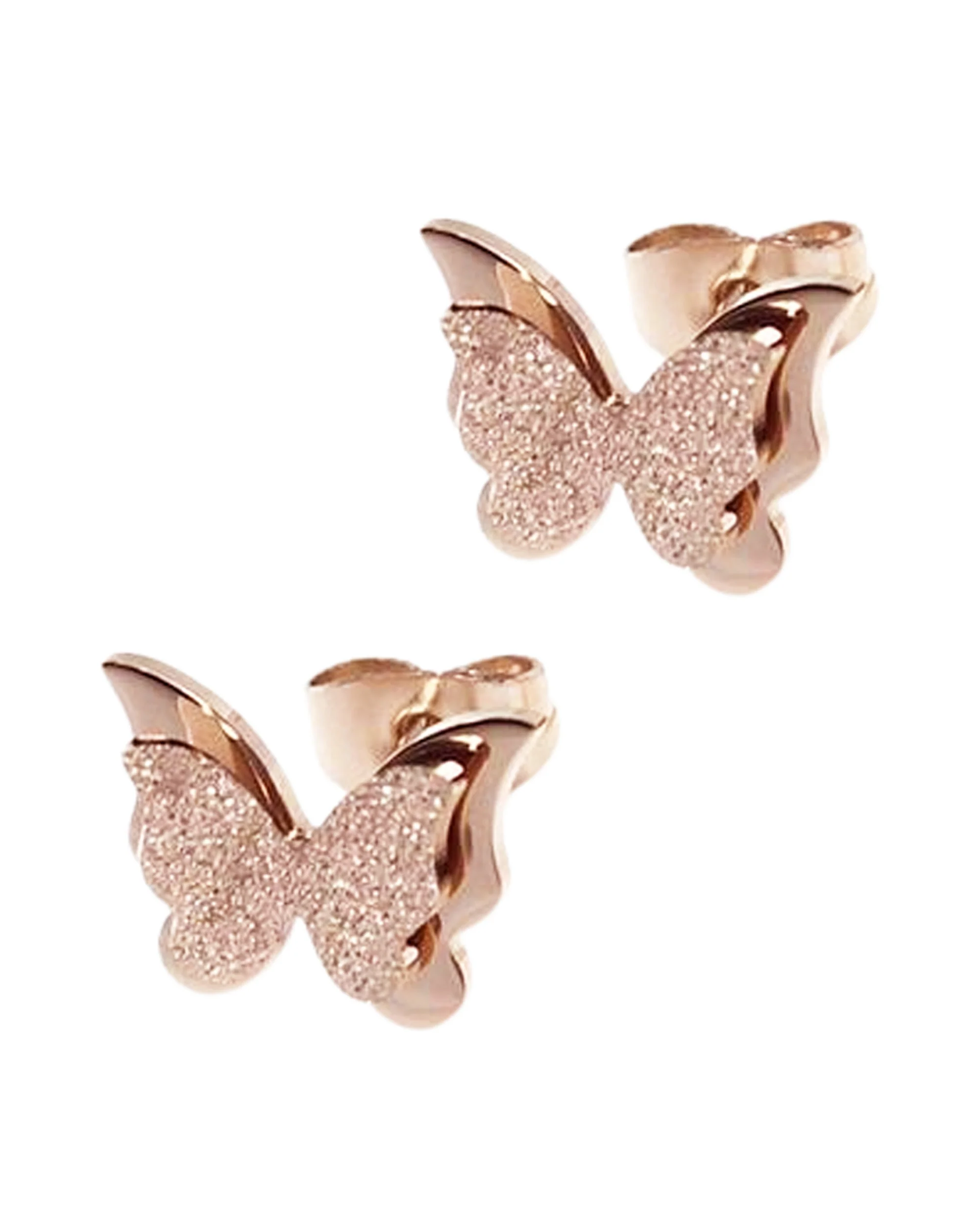 BOUCLES D'OREILLES EN ACIER ROSE PAPILLONS AVEC PAILLETTES