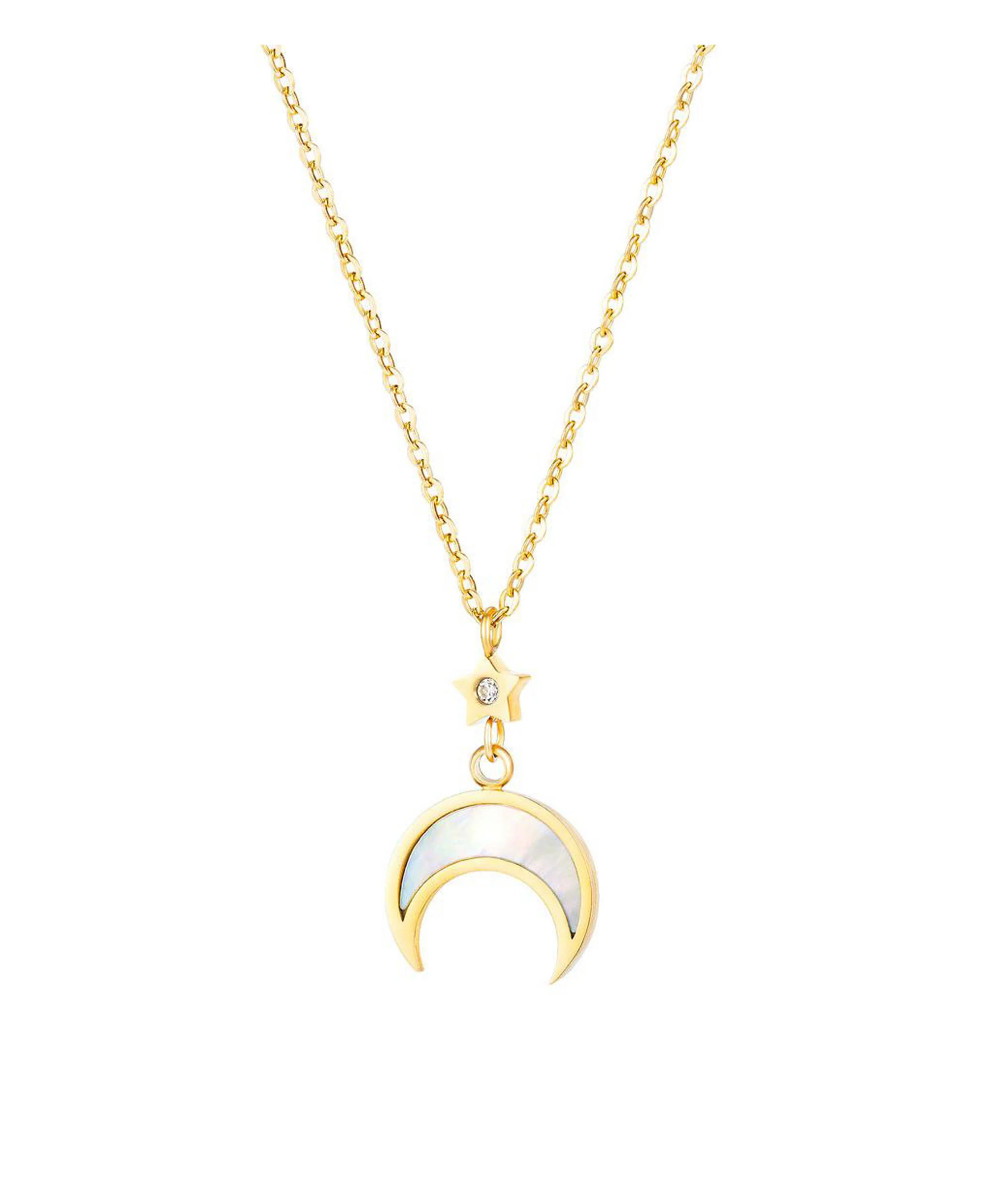 COLLIER EN ACIER DORE ETOILE AVEC STRASS ET DEMI LUNE NACREE