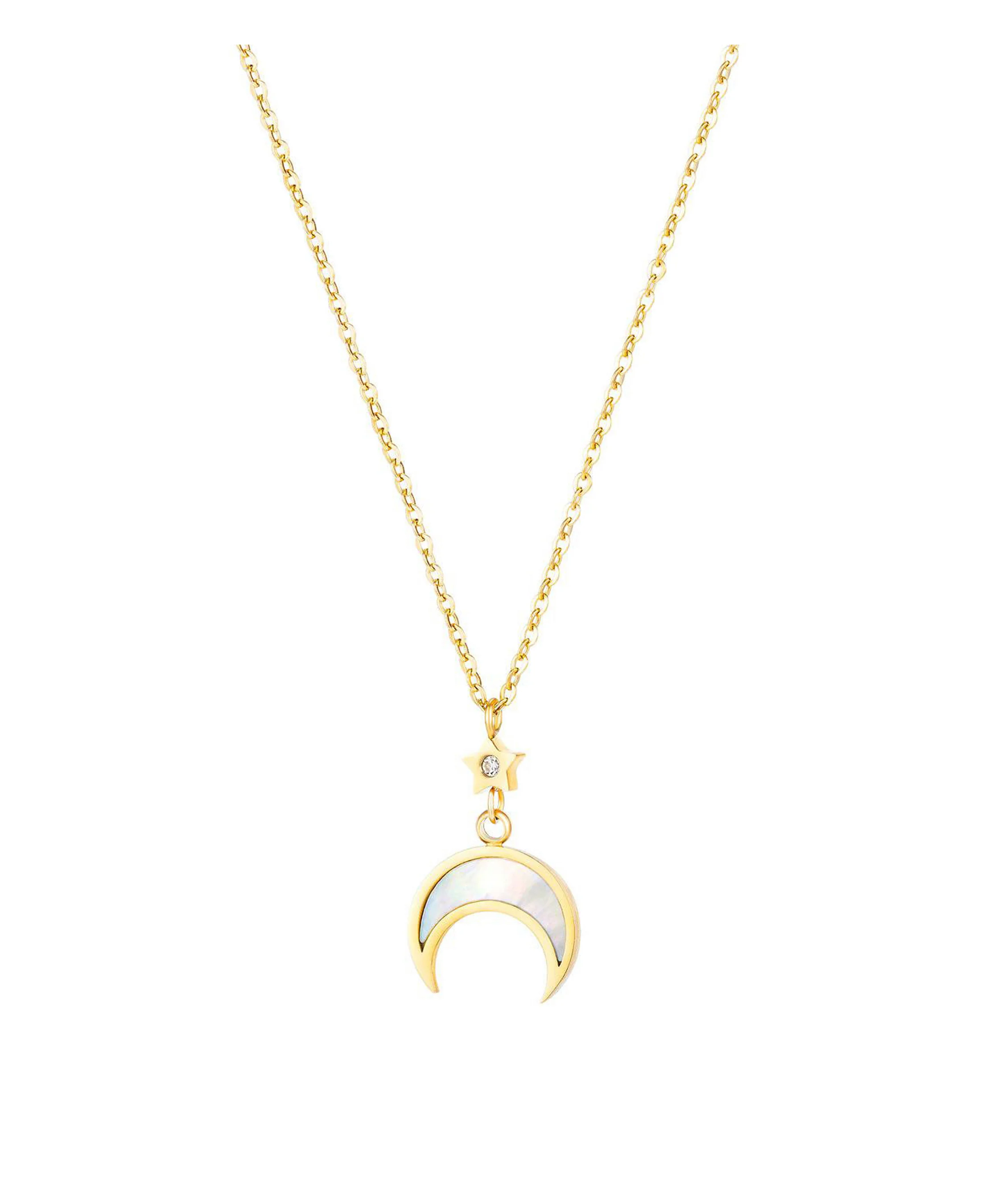 COLLIER EN ACIER DORE ETOILE AVEC STRASS ET DEMI LUNE NACREE - Image 2