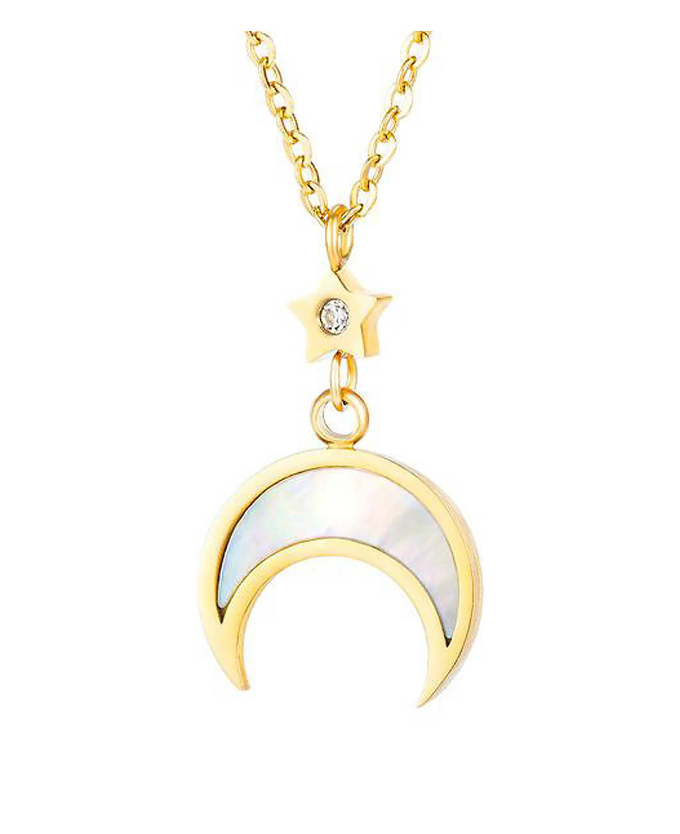 COLLIER EN ACIER DORE ETOILE AVEC STRASS ET DEMI LUNE NACREE - Image 4