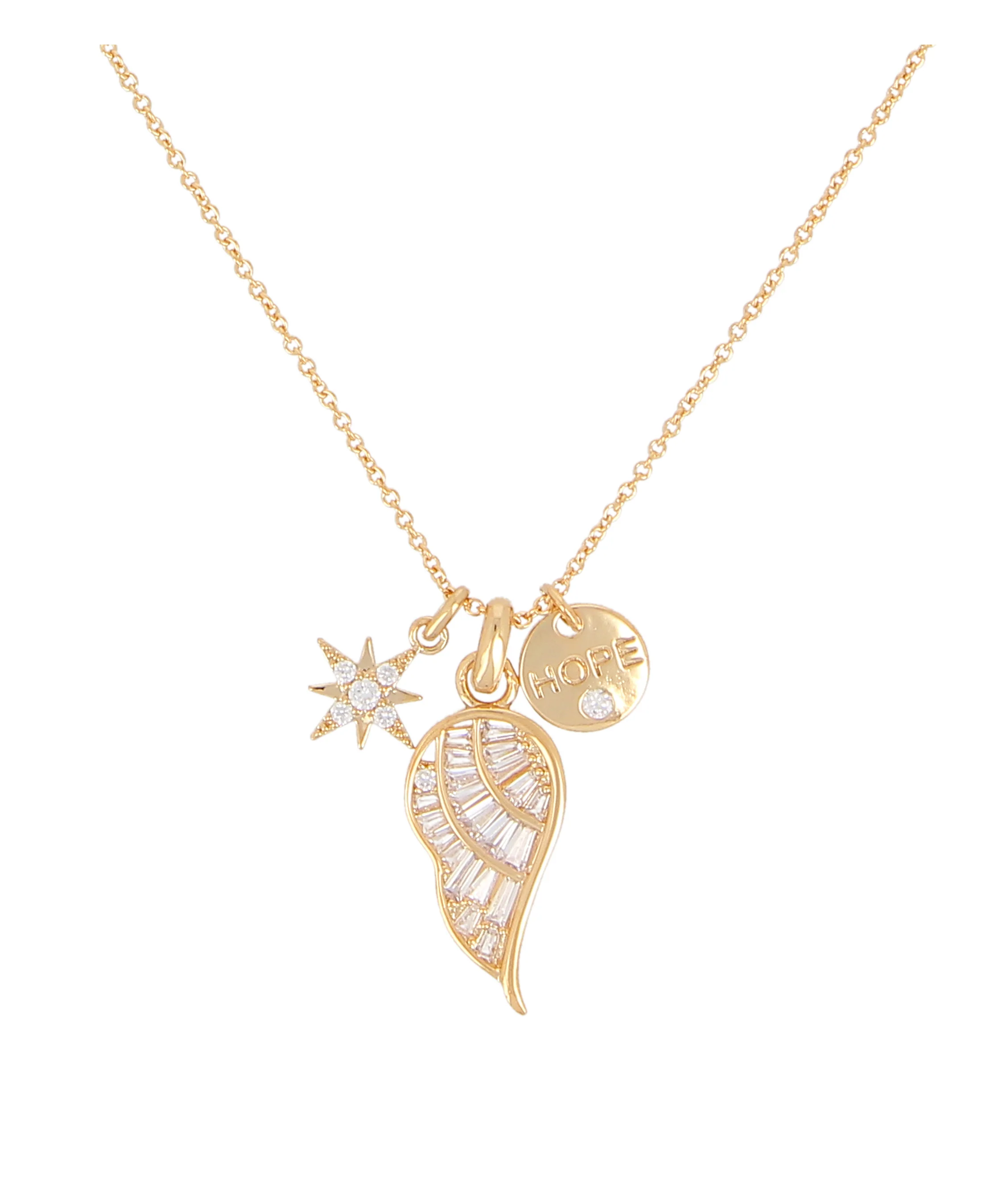 COLLIER EN PLAQUE OR AILE ET ETOILE AVEC PIERRES ET PASTILLES AVEC PIERRE ET "HOPE"