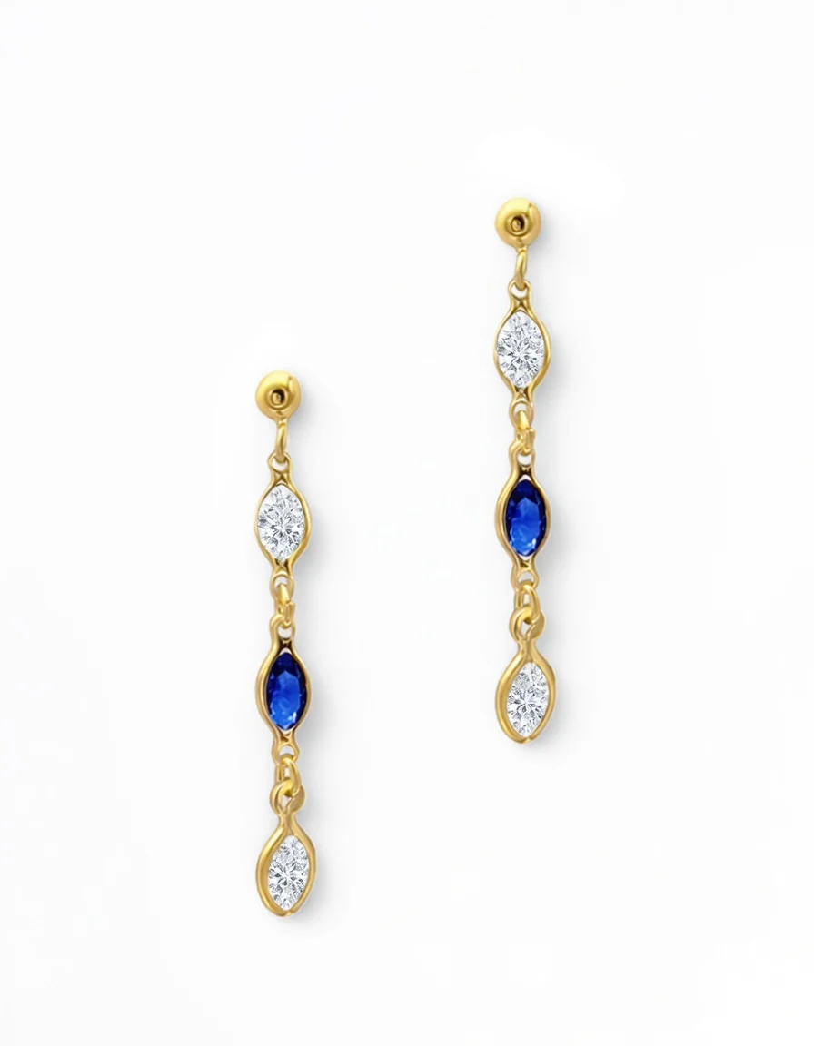 BOUCLES D'OREILLES EN PLAQUE OR AVEC PIERRES BLEUE ET BLANCHES