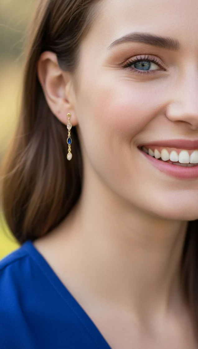 BOUCLES D'OREILLES EN PLAQUE OR AVEC PIERRES BLEUE ET BLANCHES - Image 2
