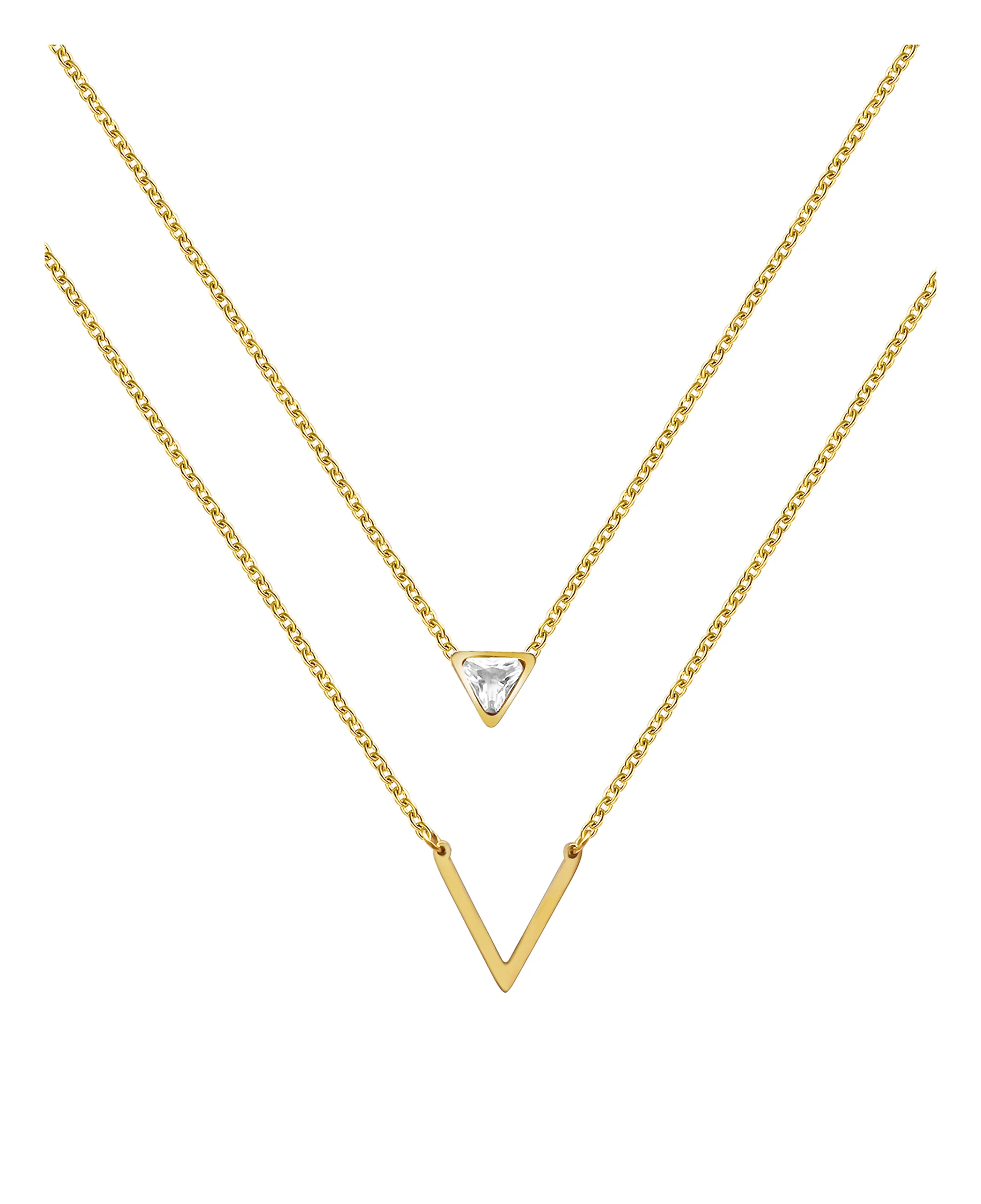 COLLIER EN ACIER DORE 2 MAILLES AVEC PIERRE TRIANGULAIRE ET V