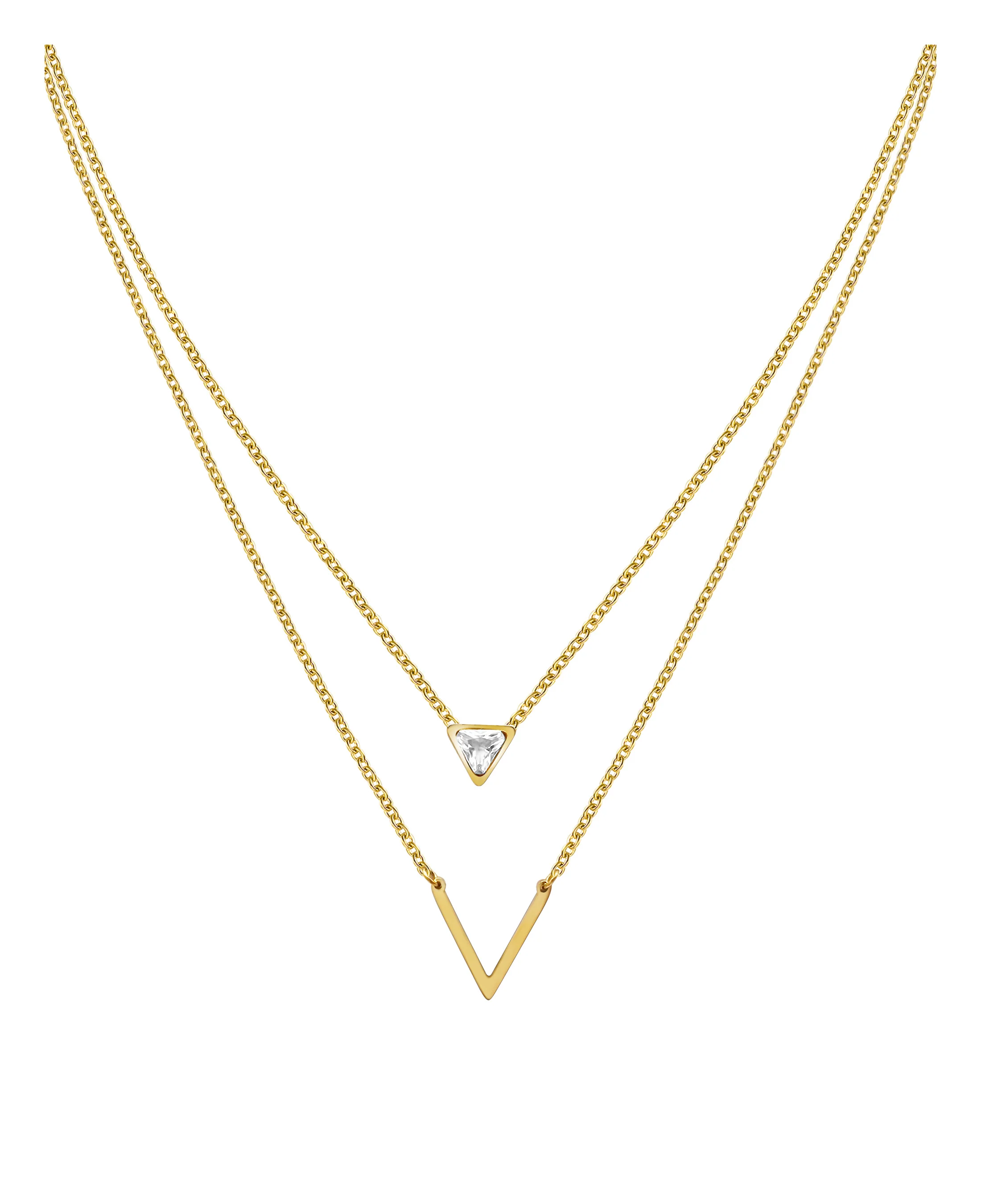 COLLIER EN ACIER DORE 2 MAILLES AVEC PIERRE TRIANGULAIRE ET V - Image 2