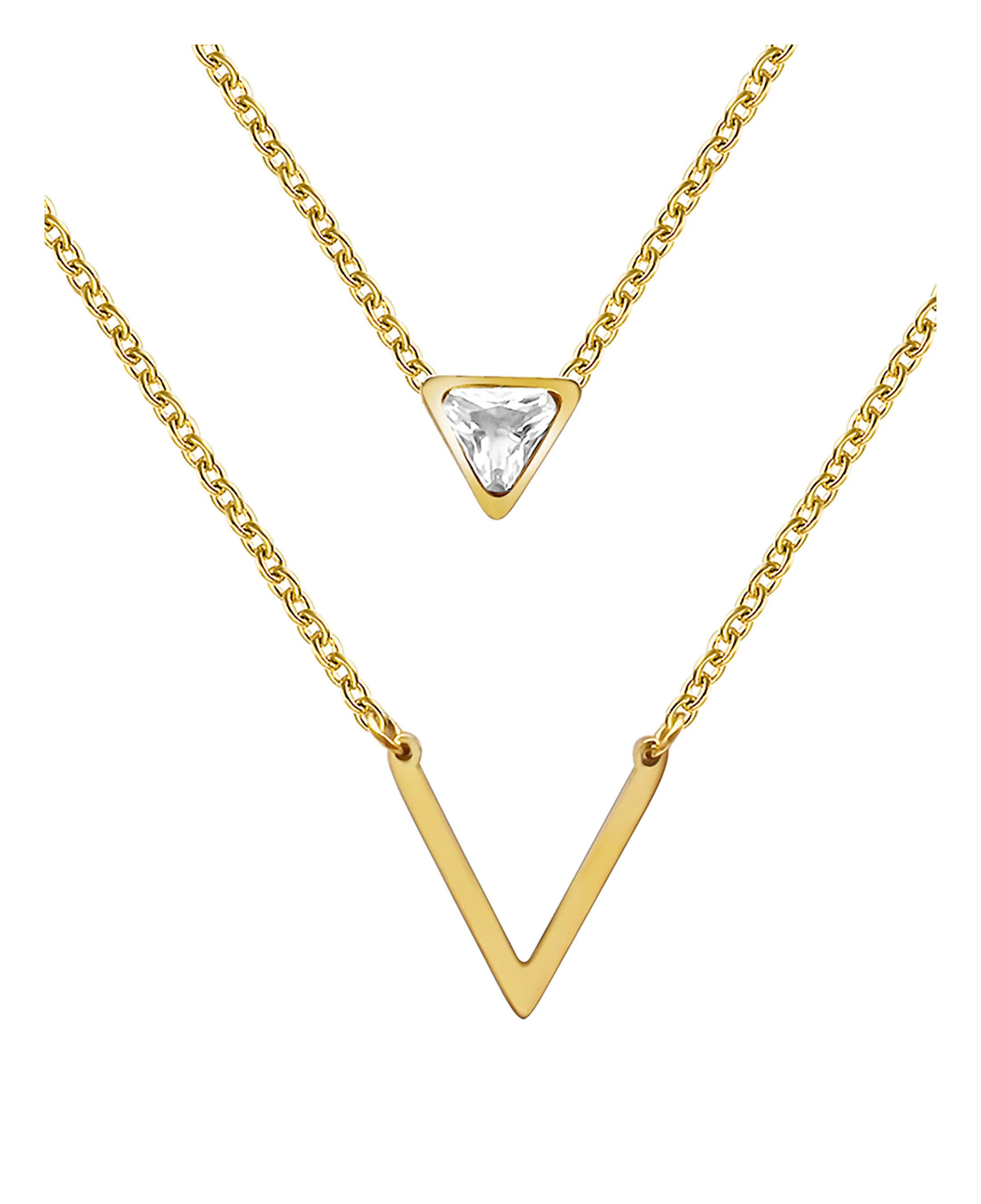 COLLIER EN ACIER DORE 2 MAILLES AVEC PIERRE TRIANGULAIRE ET V - Image 3