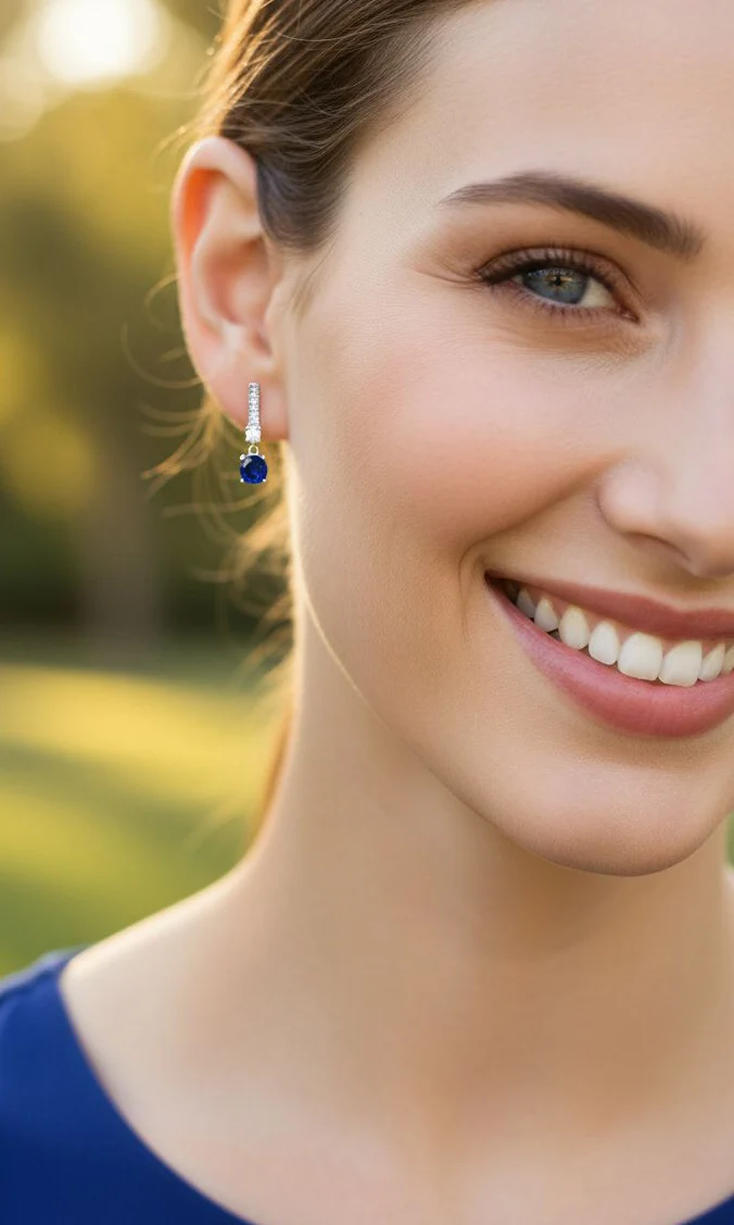 BOUCLES D'OREILLES EN ARGENT AVEC SOLITAIRE BLEU PENDANT - Image 2