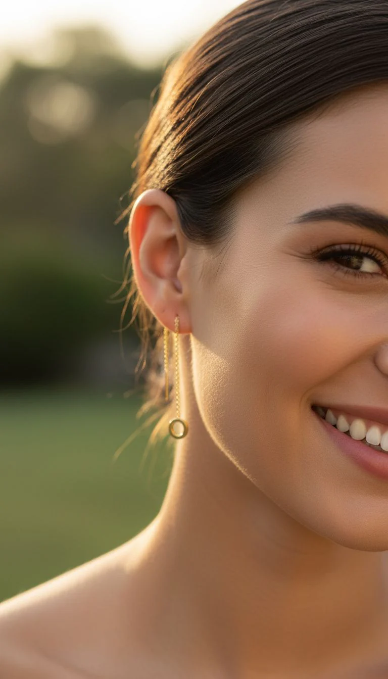BOUCLES D'OREILLES EN ACIER DORE CHAINE ET CERCLE - Image 2