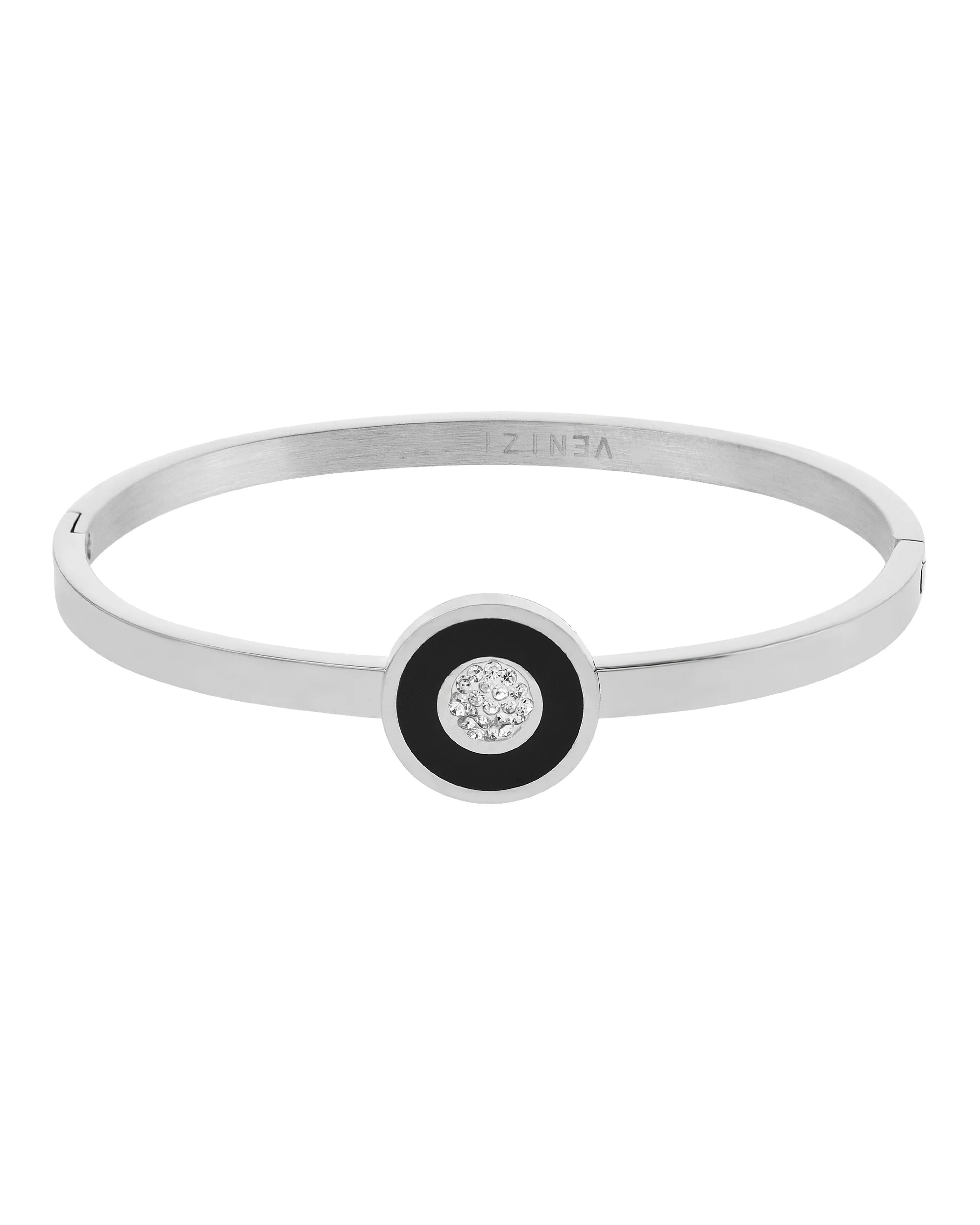 BRACELET RIGIDE EN ACIER AVEC ROND NOIR ET STRASS