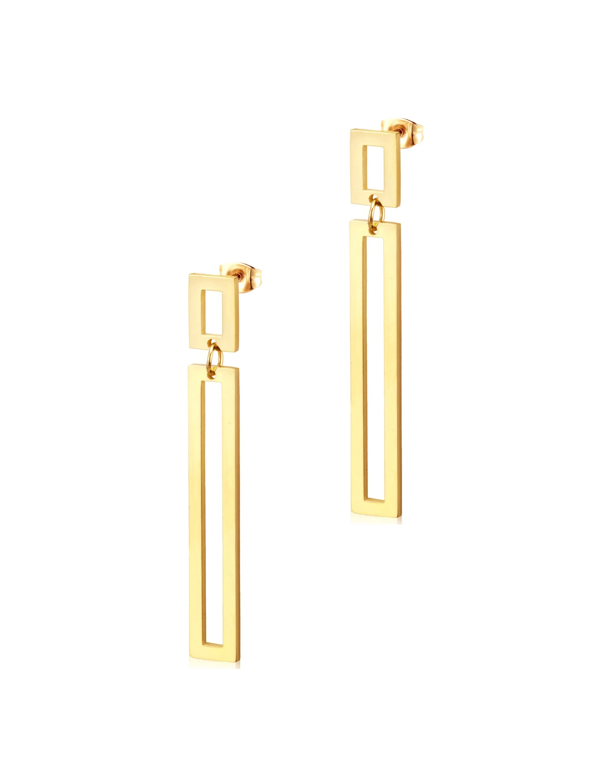 BOUCLES D'OREILLES EN ACIER DORE 2 RECTANGLES PENDANTS