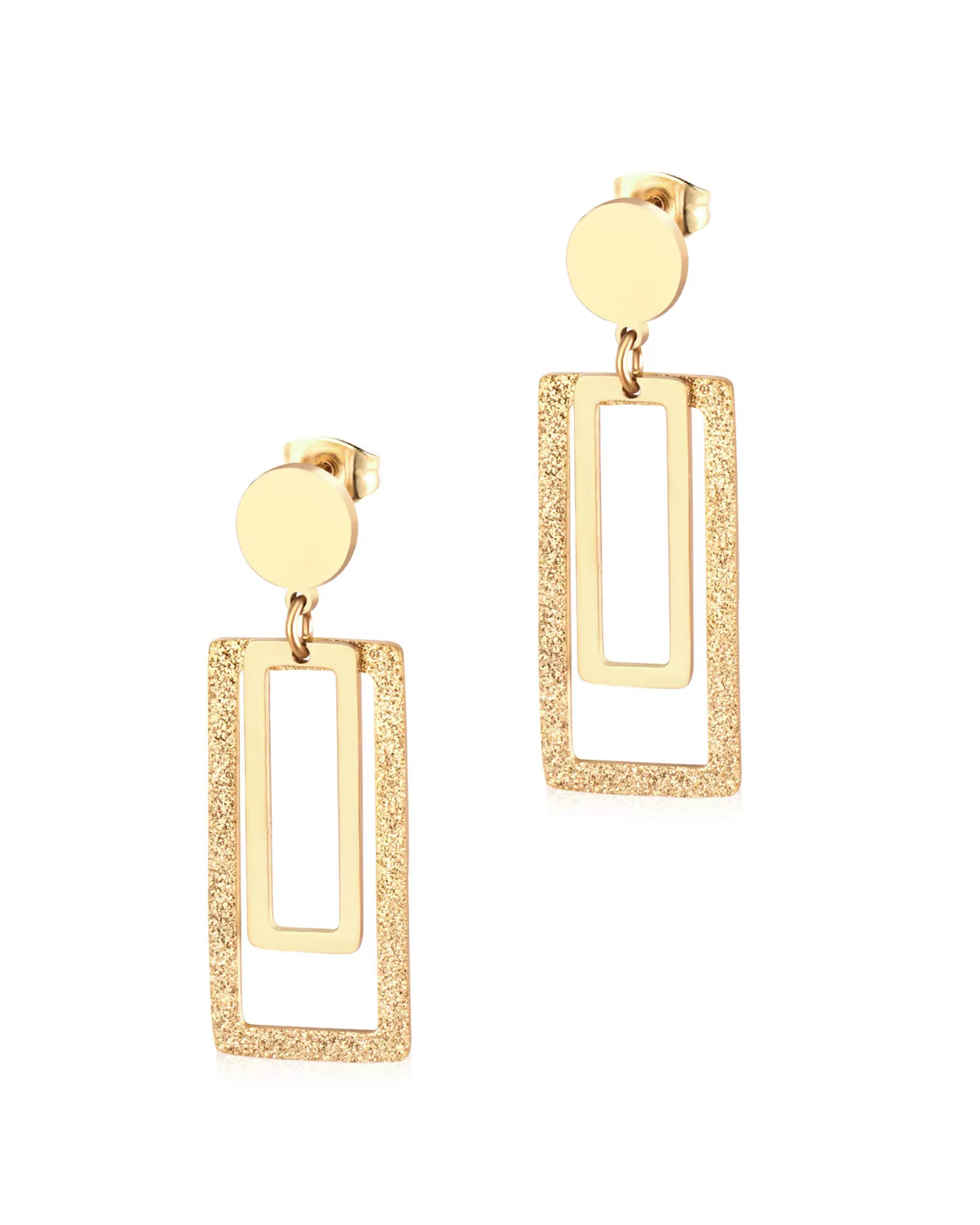 BOUCLES D'OREILLES EN ACIER DORE ROND ET RECTANGLES AVEC PAILLETTES