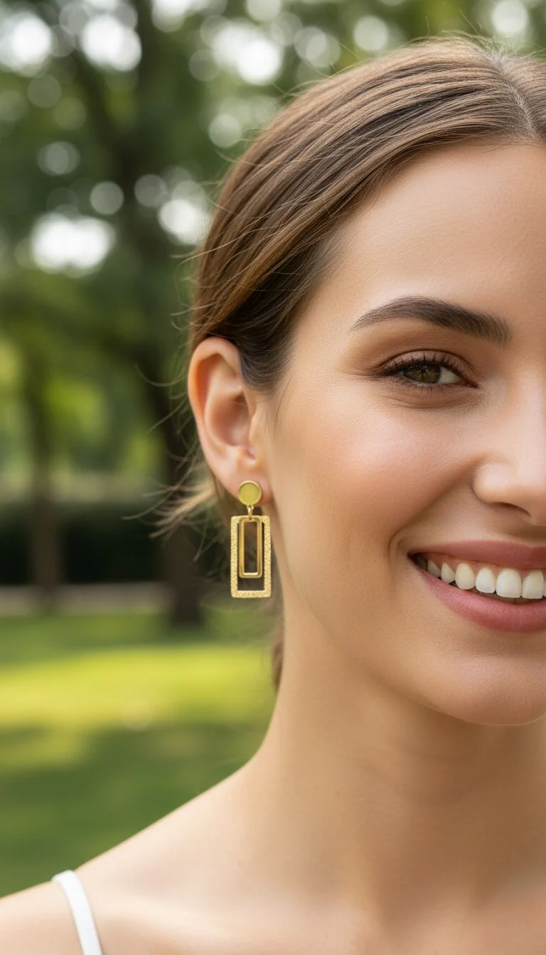 BOUCLES D'OREILLES EN ACIER DORE ROND ET RECTANGLES AVEC PAILLETTES - Image 2