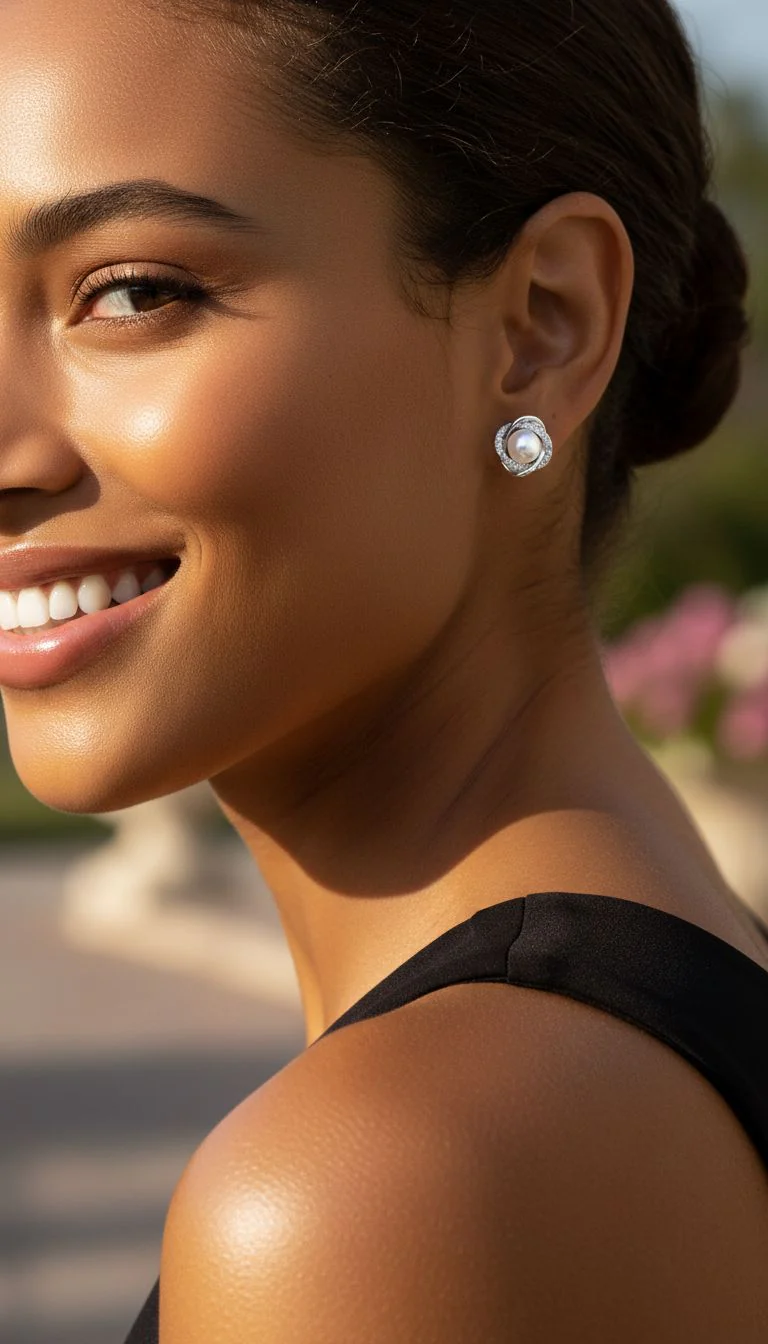 BOUCLES D'OREILLES EN ARGENT FLEUR AVEC PIERRES ET PERLE - Image 2