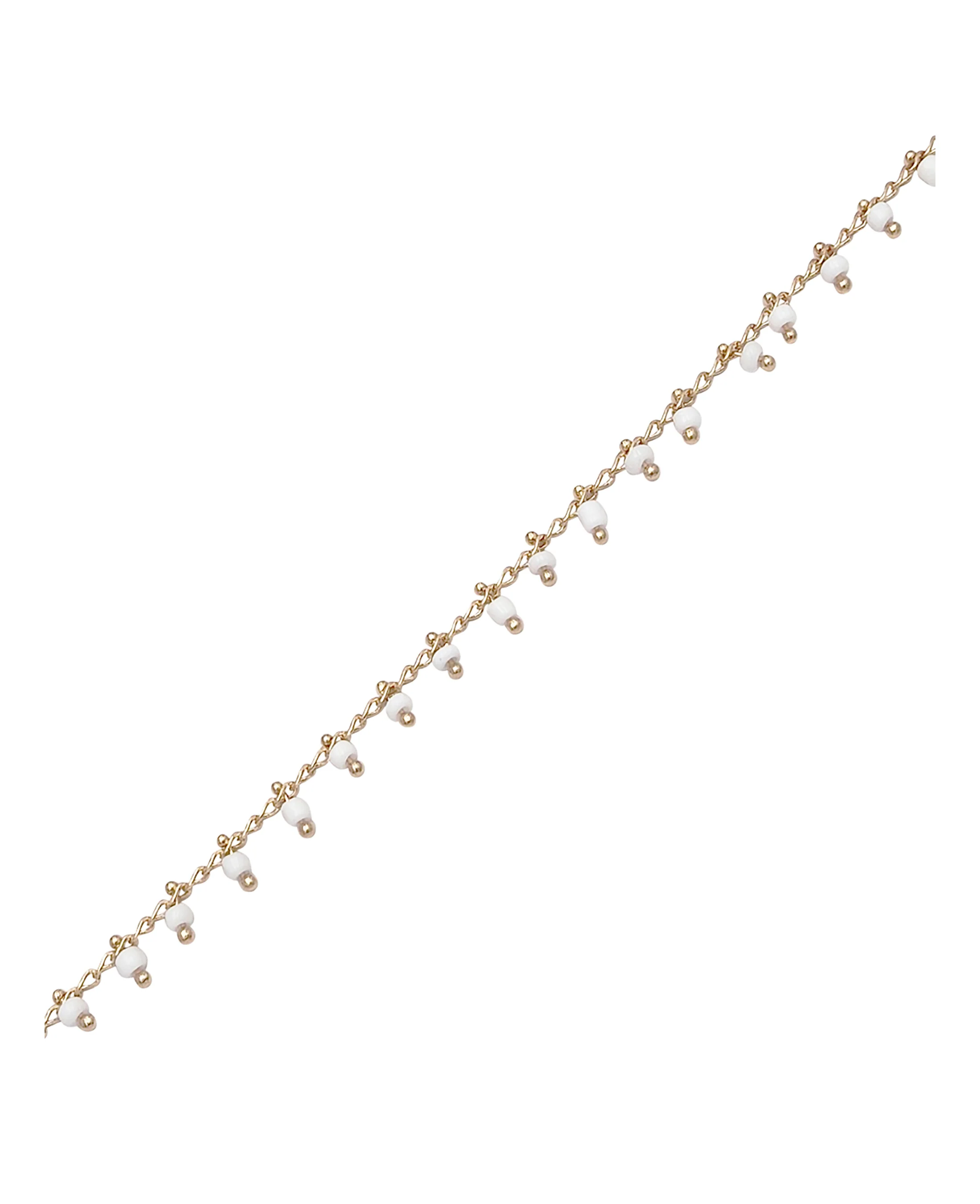 BRACELET EN PLAQUE OR AVEC BILLES BLANCHES PENDANTES