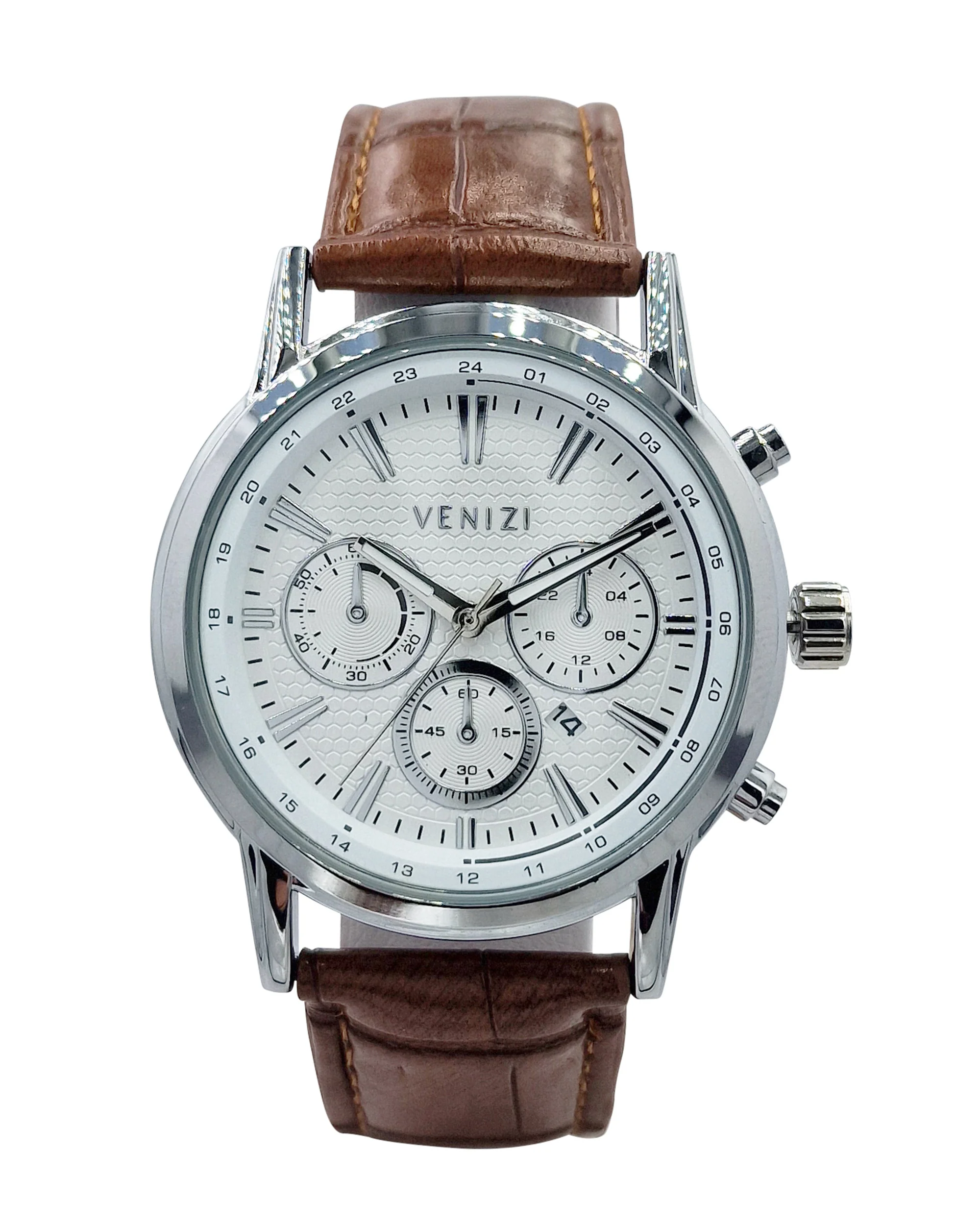 Montre Venizi argentée avec dateur bracelet cuir brun