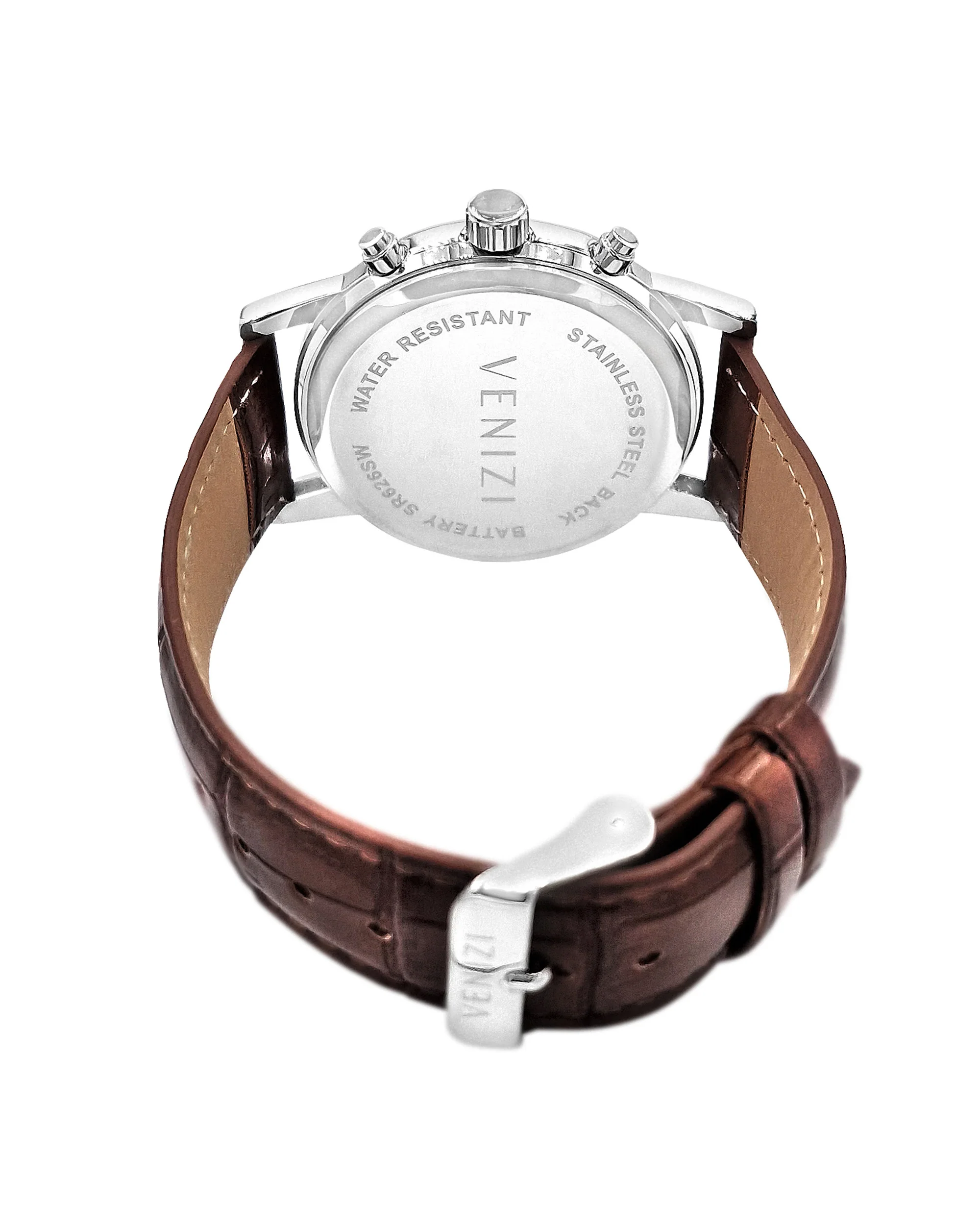 Montre Venizi argentée avec dateur bracelet cuir brun - Image 2