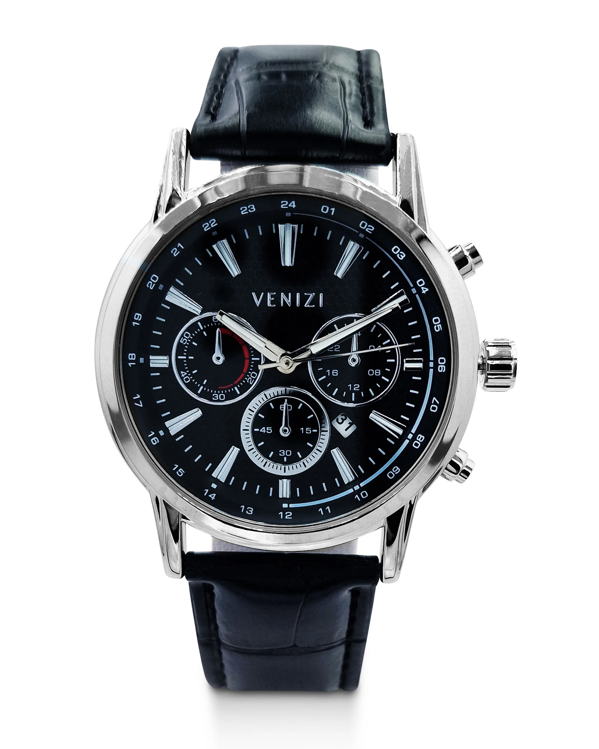 Montre Venizi argentée avec dateur bracelet cuir noir