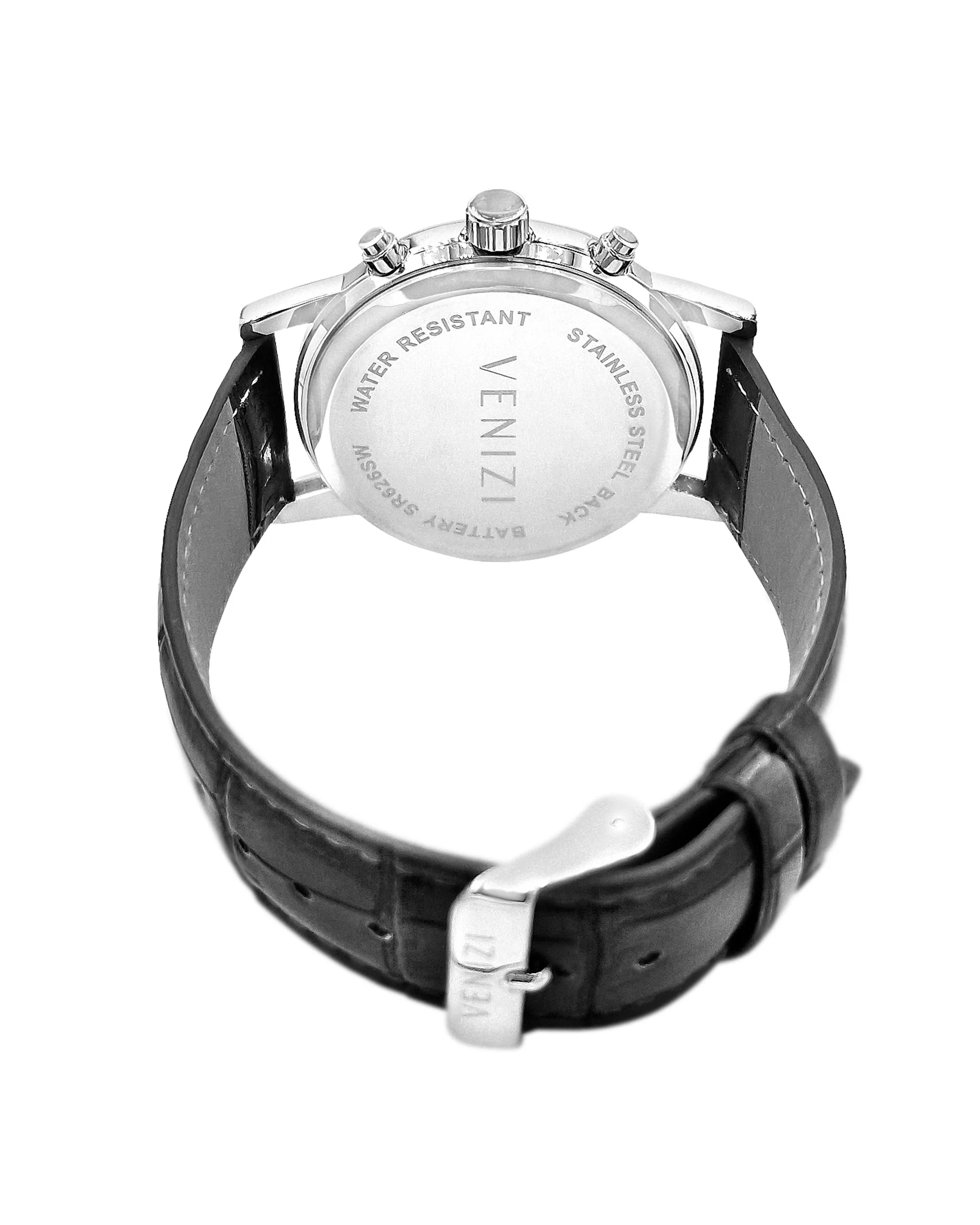 Montre Venizi argentée avec dateur bracelet cuir noir - Image 2
