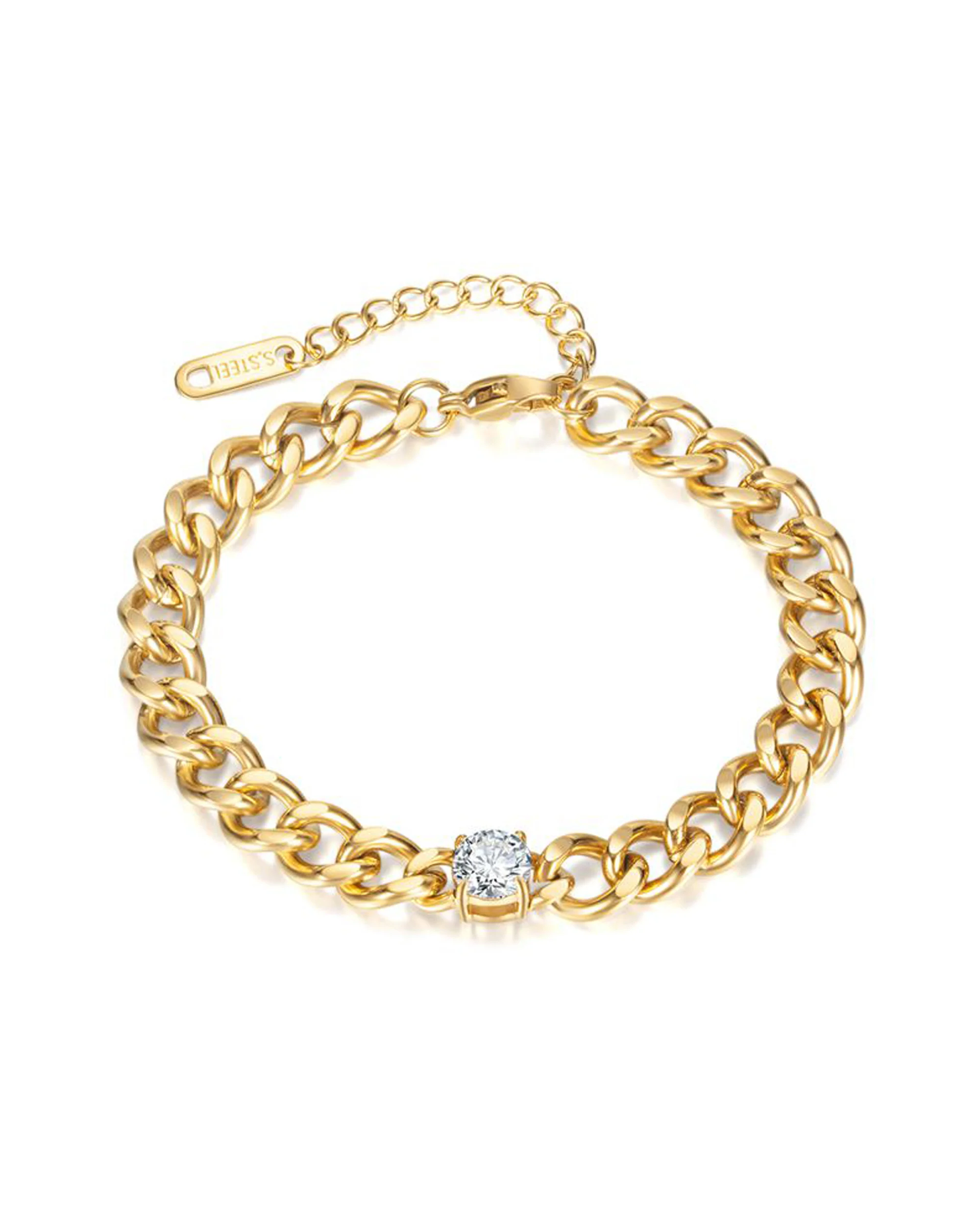 BRACELET EN ACIER DORE MAILLE GOURMETTE ET PIERRE 6 MM