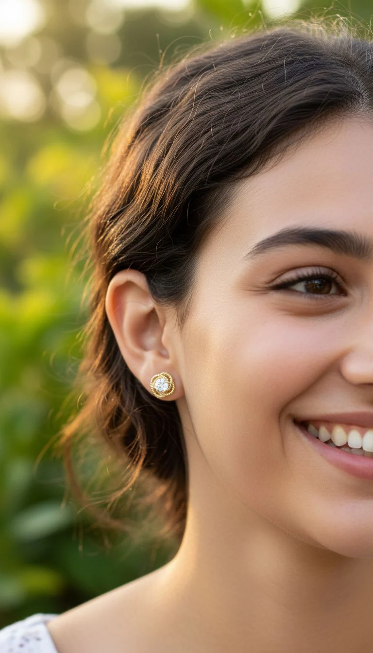 BOUCLES D'OREILLES EN PLAQUE OR FLEUR ET SOLITAIRE - Image 2