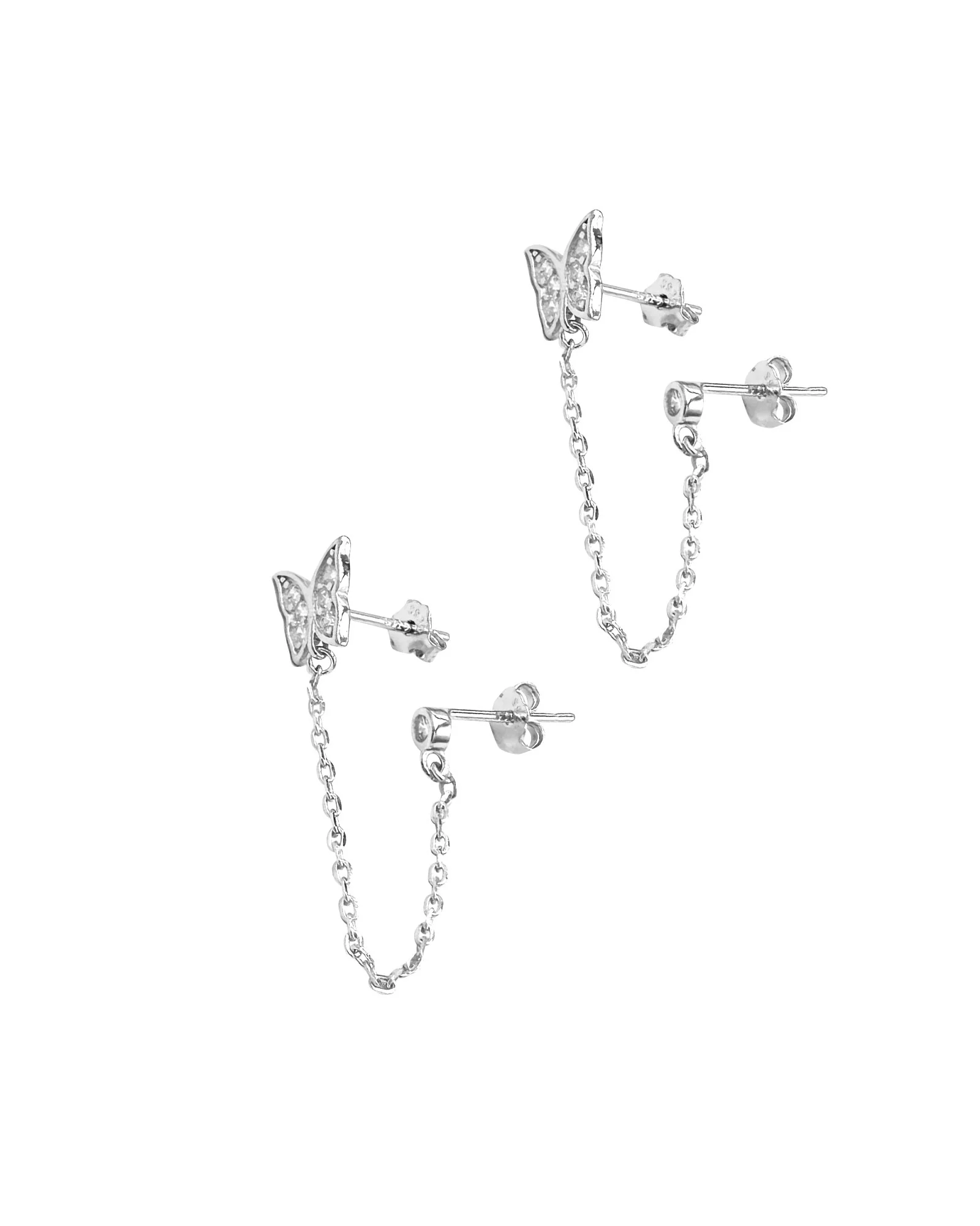 BOUCLES D'OREILLES DOUBLE EN ARGENT PAPILLON ET CHAINE - Image 2
