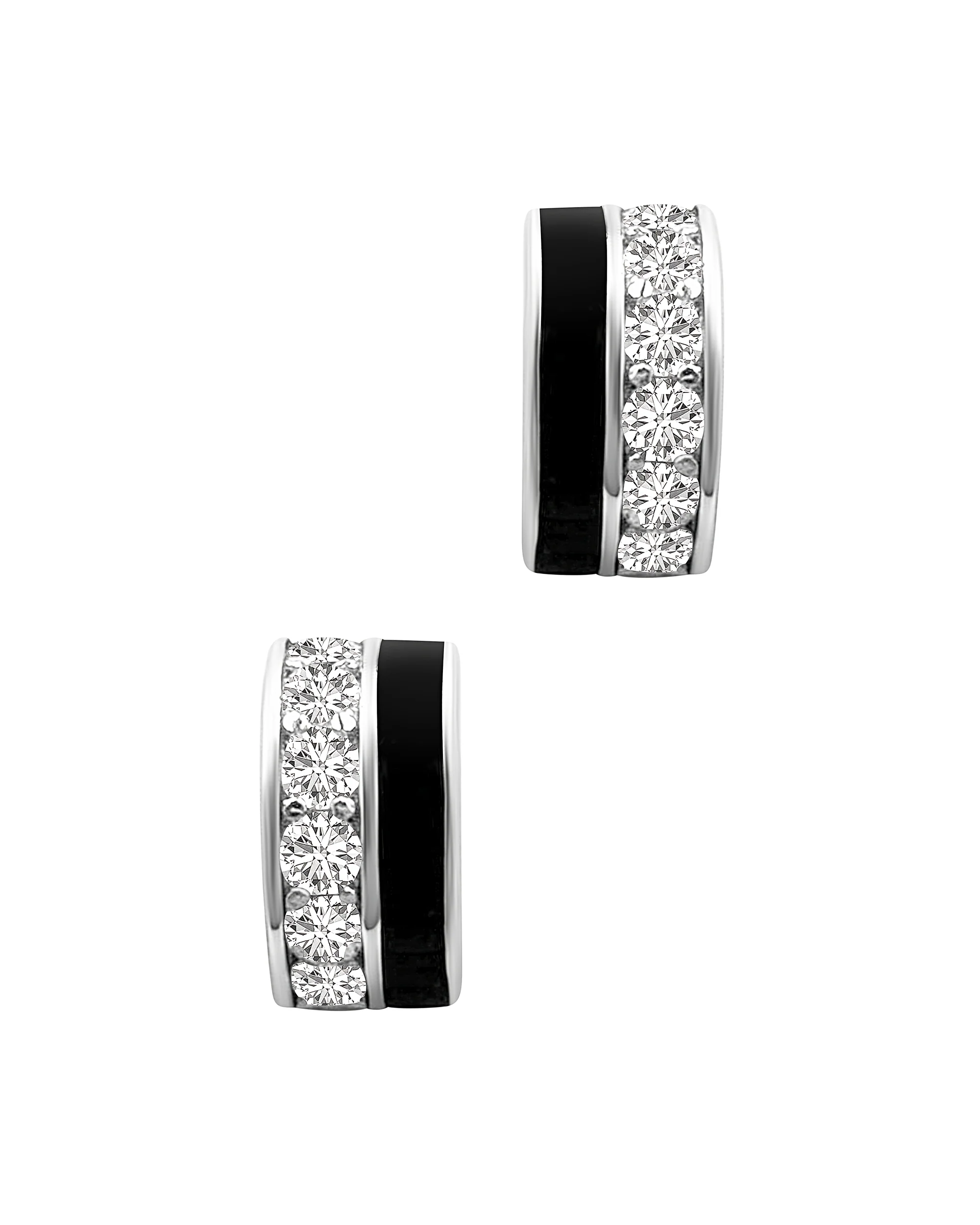 BOUCLES D'OREILLES EN ARGENT DEMI CREOLES EMAIL NOIR ET PIERRES
