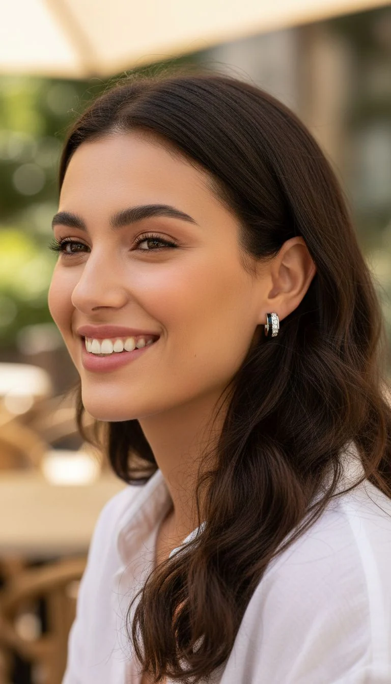 BOUCLES D'OREILLES EN ARGENT DEMI CREOLES EMAIL NOIR ET PIERRES - Image 2