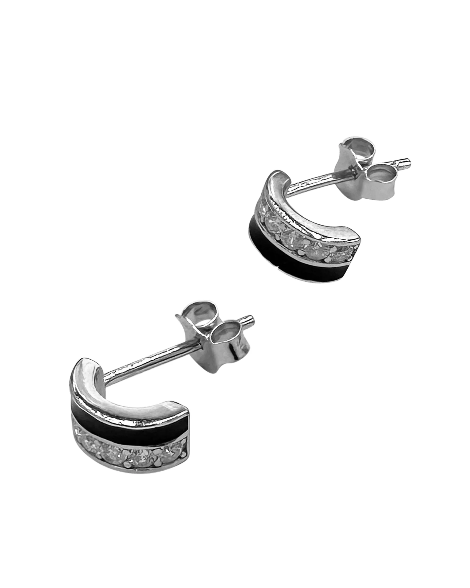 BOUCLES D'OREILLES EN ARGENT DEMI CREOLES EMAIL NOIR ET PIERRES - Image 3
