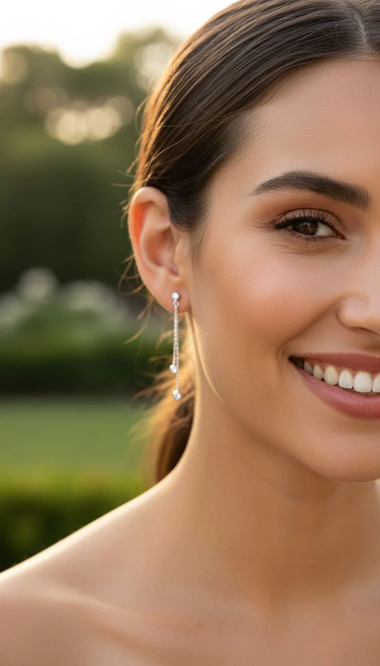 BOUCLES D'OREILLES EN ARGENT 2 CHAINES PENDANTES AVEC SOLITAIRE - Image 2