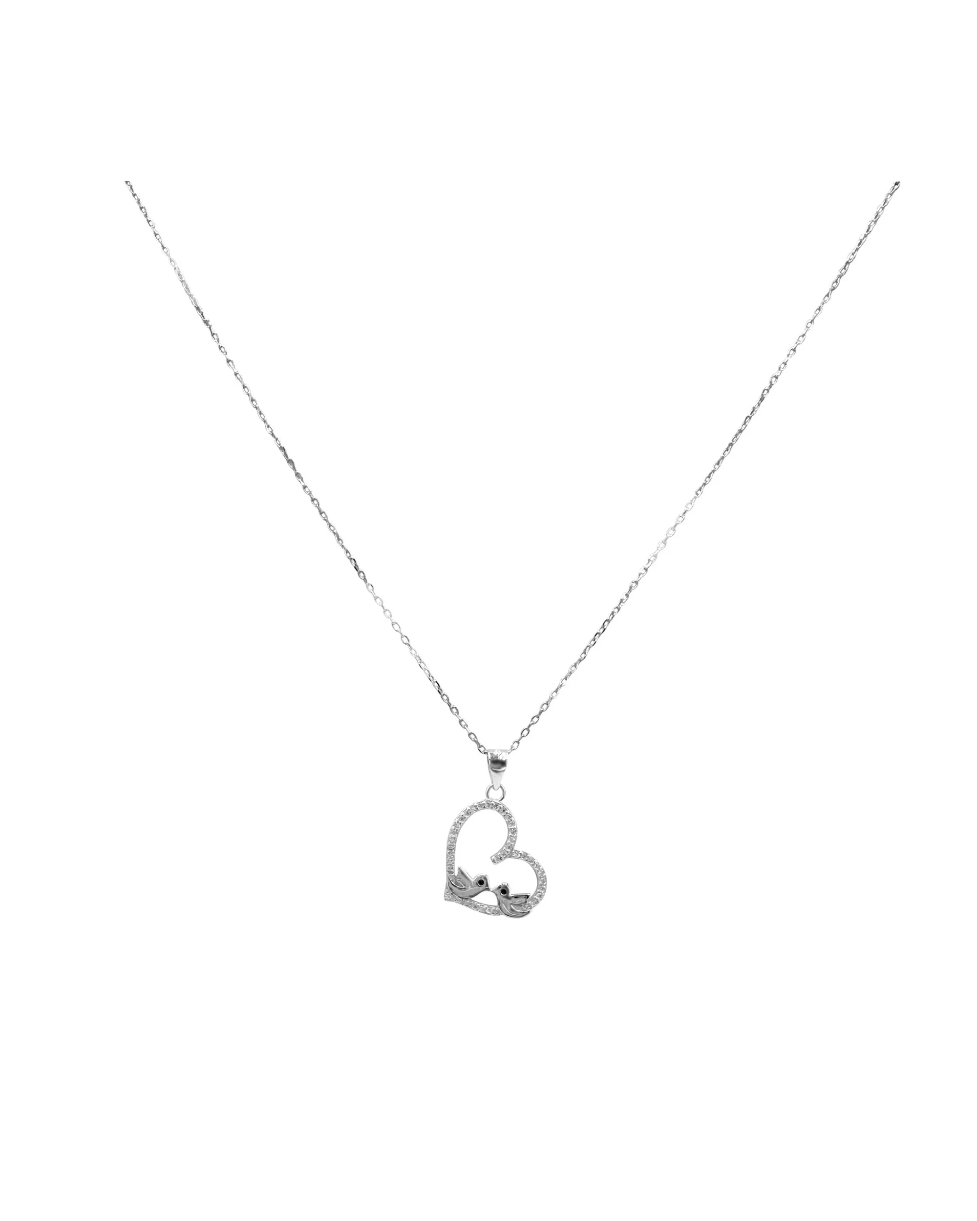 COLLIER EN ARGENT PENDENTIF COEUR SERTI DE PIERRES ET 2 OISEAUX - Image 2