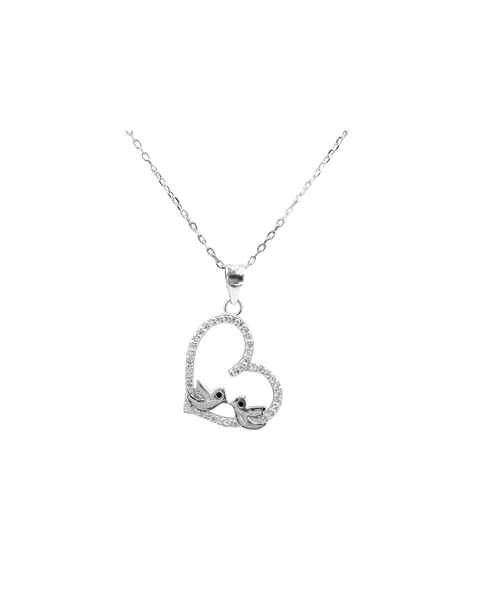 COLLIER EN ARGENT PENDENTIF COEUR SERTI DE PIERRES ET 2 OISEAUX - Image 3