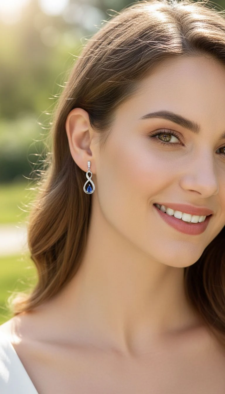 BOUCLES D'OREILLES PENDANTES EN ARGENT BOUCLE AVEC PIERRES BLANCHES ET BLEUE - Image 2