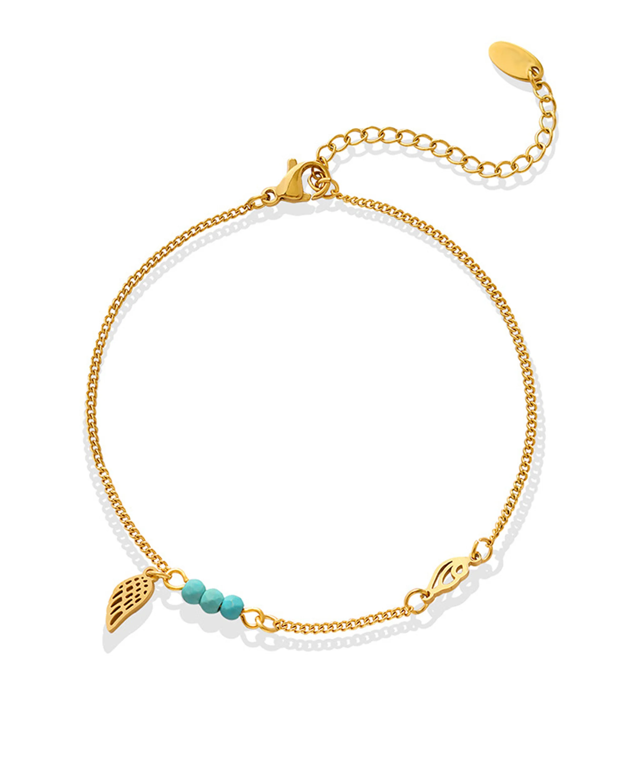 CHEVILLERE EN ACIER DORE AVEC BILLES TURQUOISES ET AILES