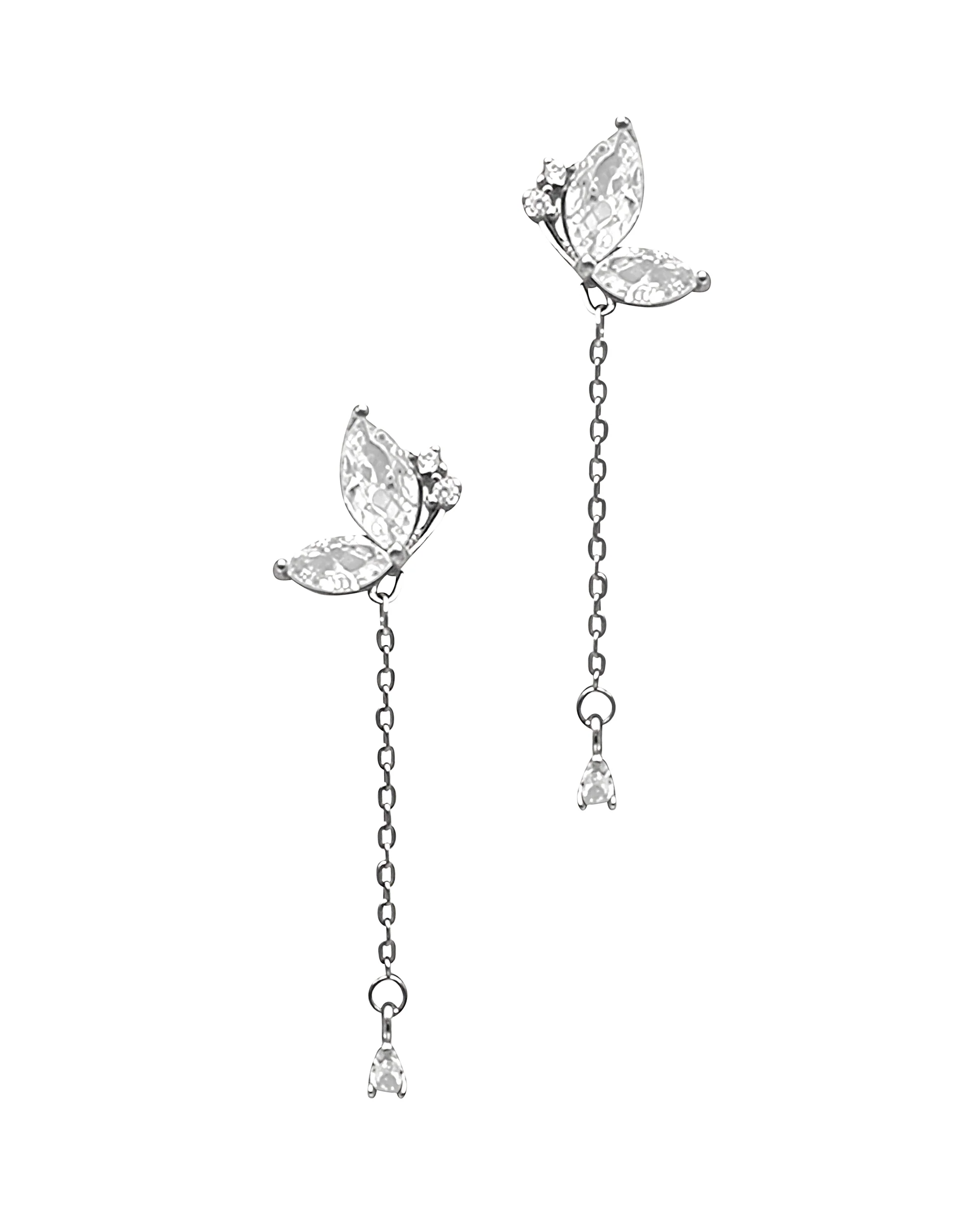 BOUCLES D'OREILLES EN ARGENT PENDANTES AVEC PAPILLON ET PIERRES