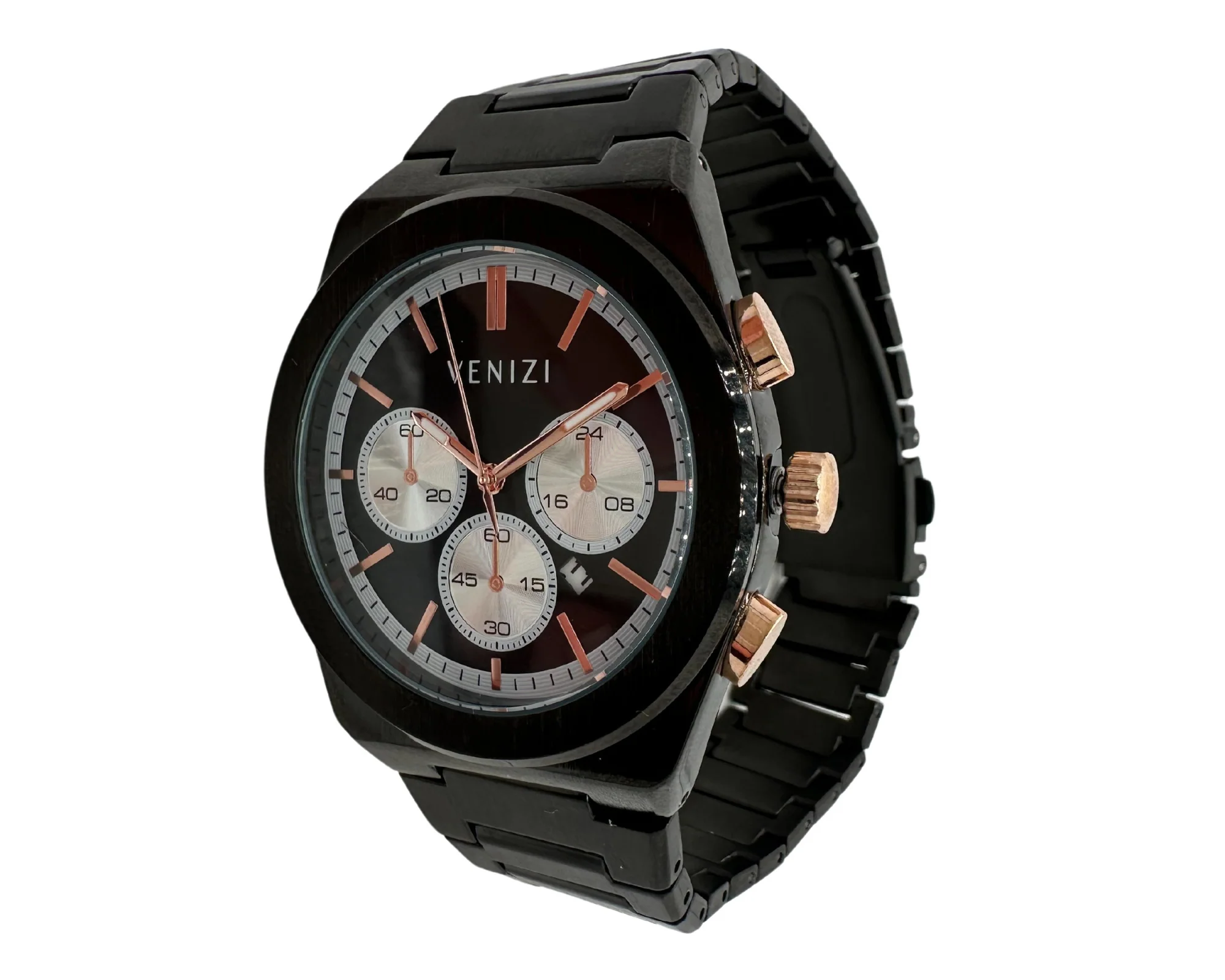 Montre Venizi noire et rosée avec dateur bracelet métallique finition brossée - Image 2