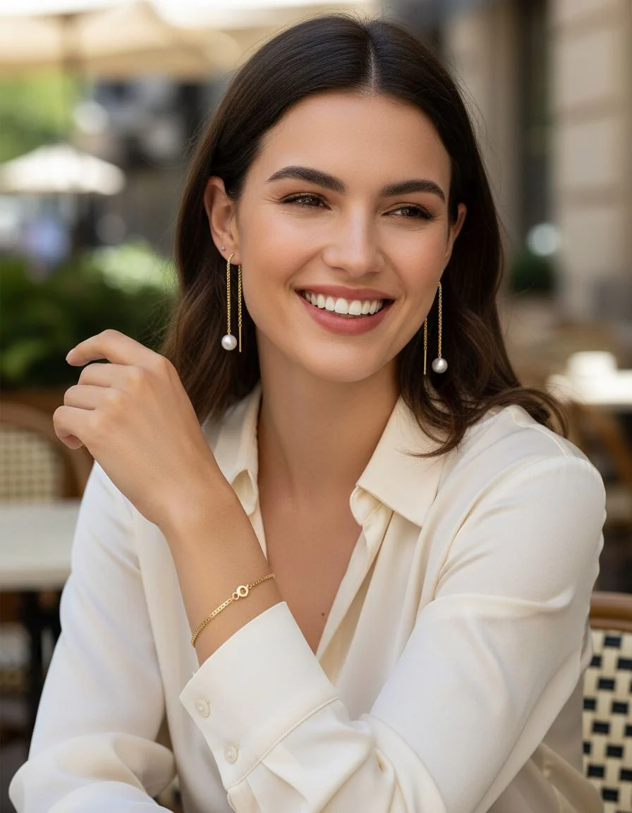 BOUCLES D'OREILLES EN ACIER DORE PERLE ET CHAINE - Image 2