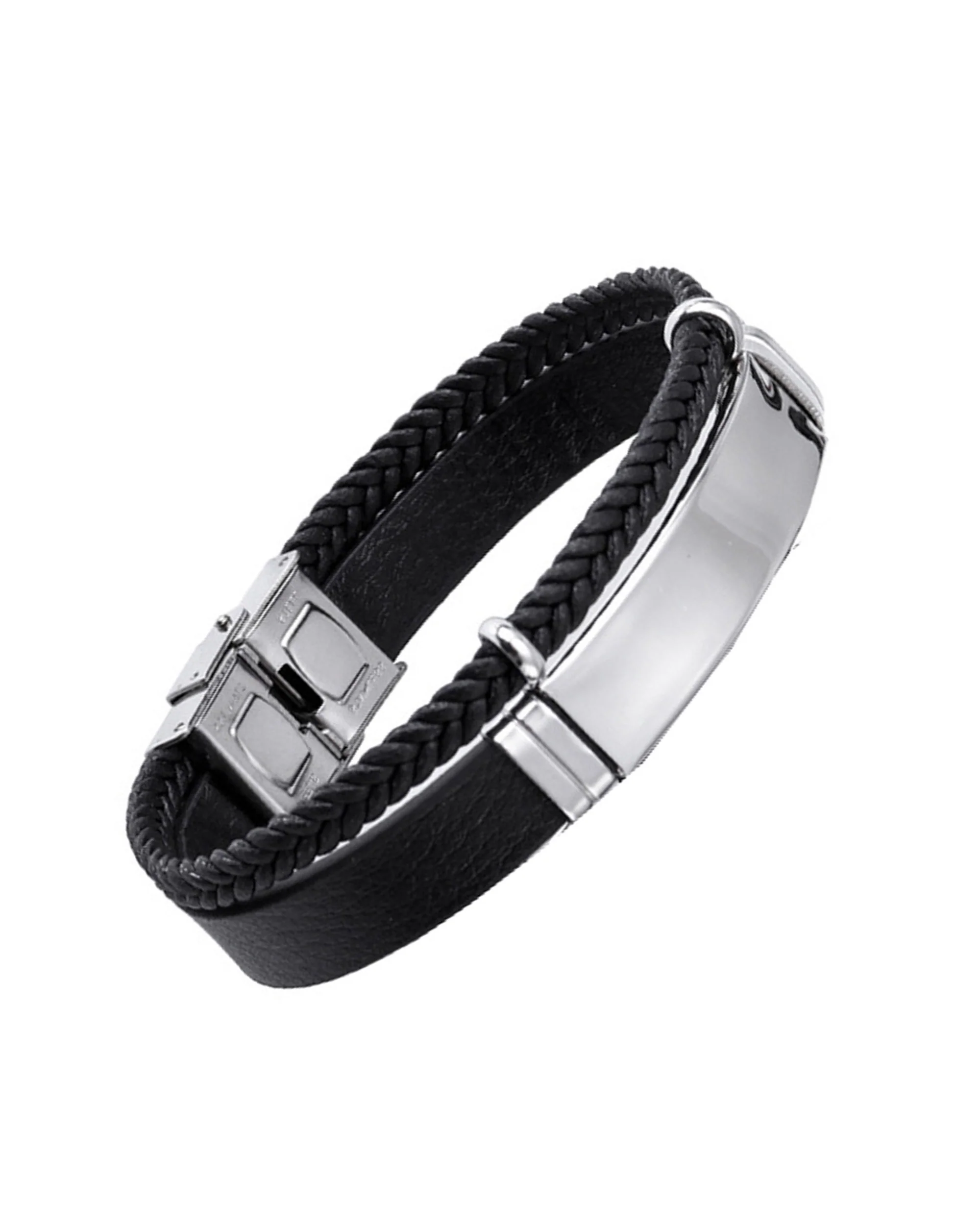 BRACELET EN CUIR NOIR 2 RANGS ET PLAQUETTE EN ACIER