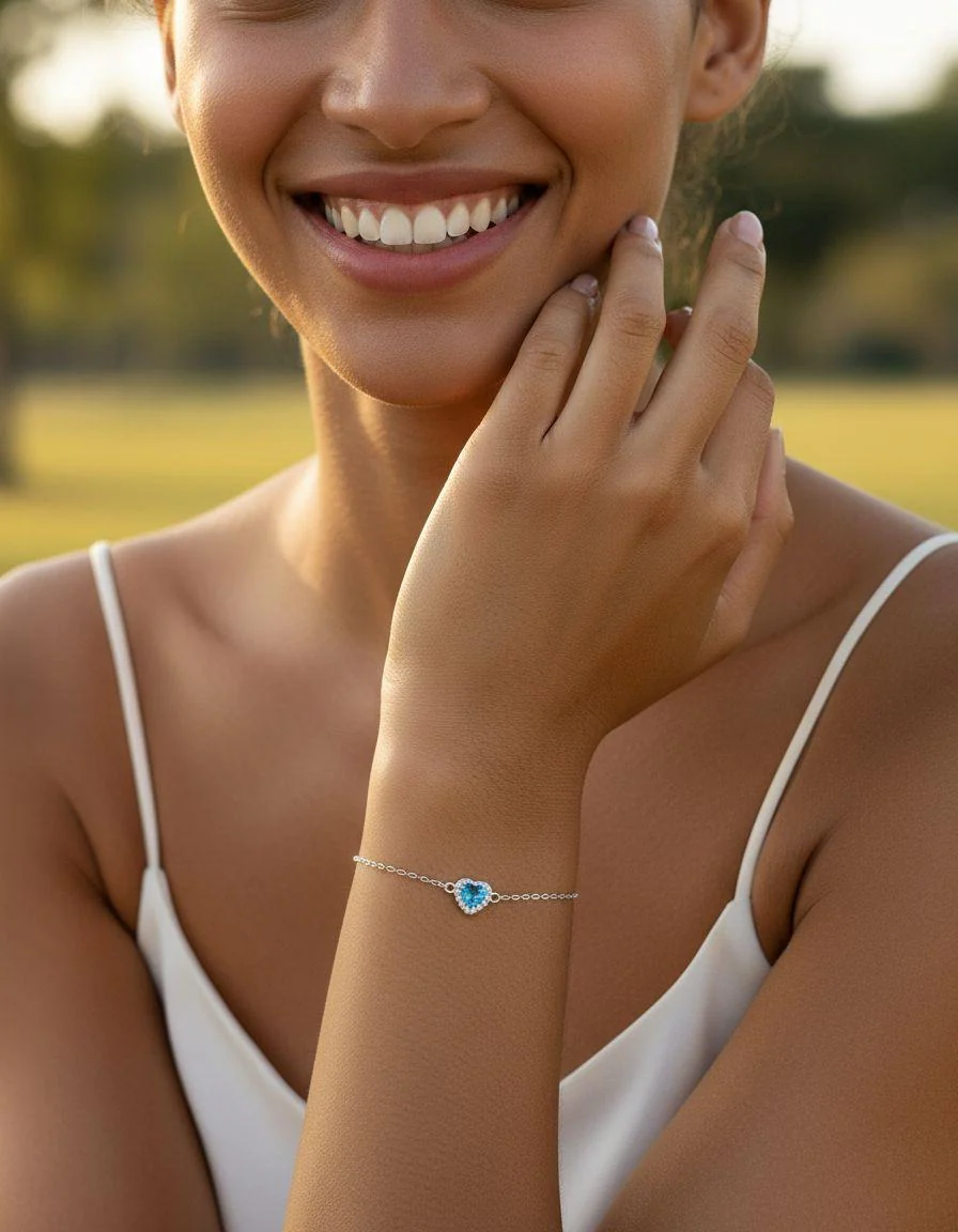 BRACELET EN ARGENT COEUR BLEU CLAIR AVEC PIERRES - Image 2