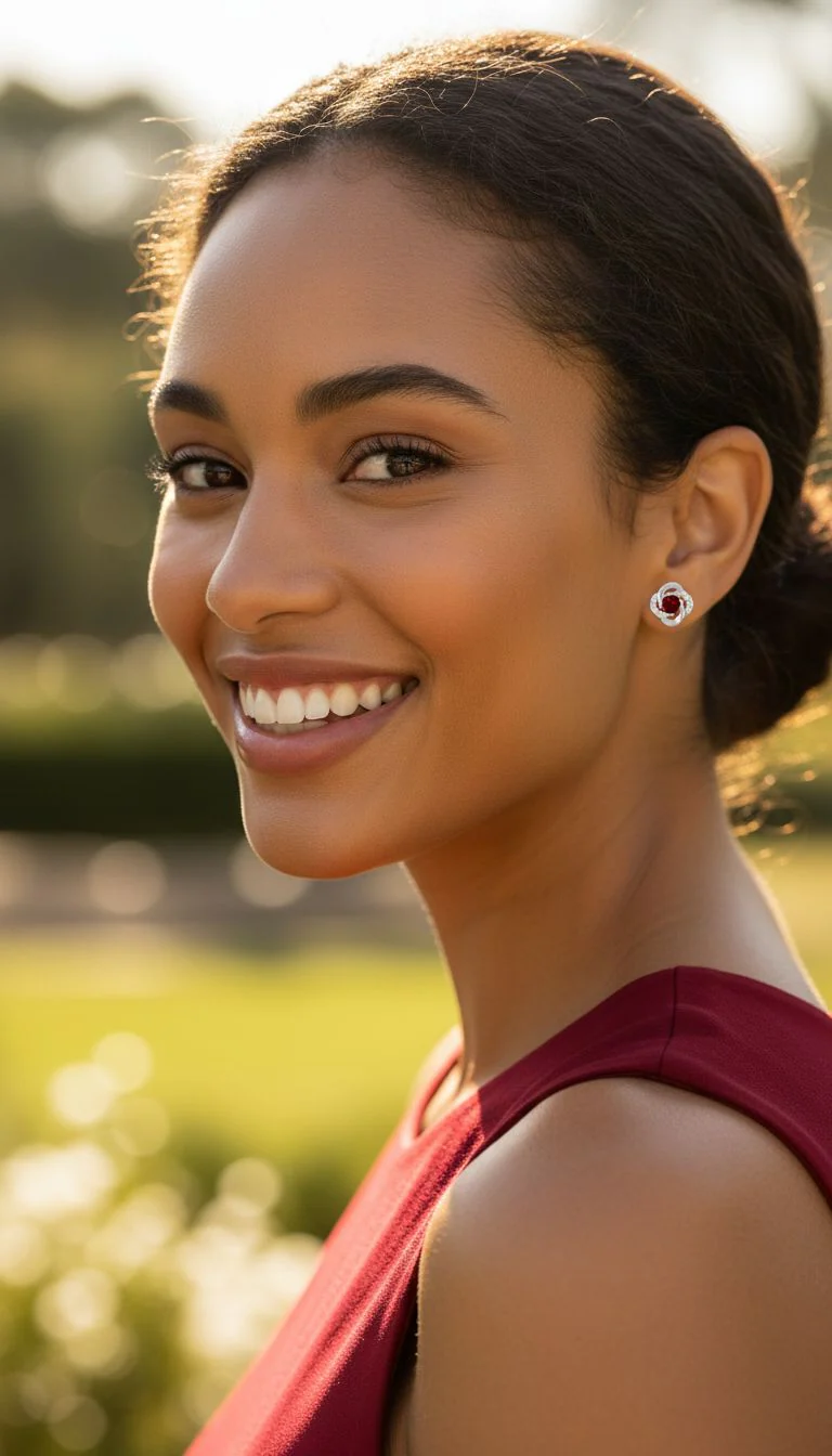 BOUCLES D'OREILLES EN ARGENT FLEUR AVEC PIERRES BLANCHES ET SOLITAIRE RUBIS - Image 2