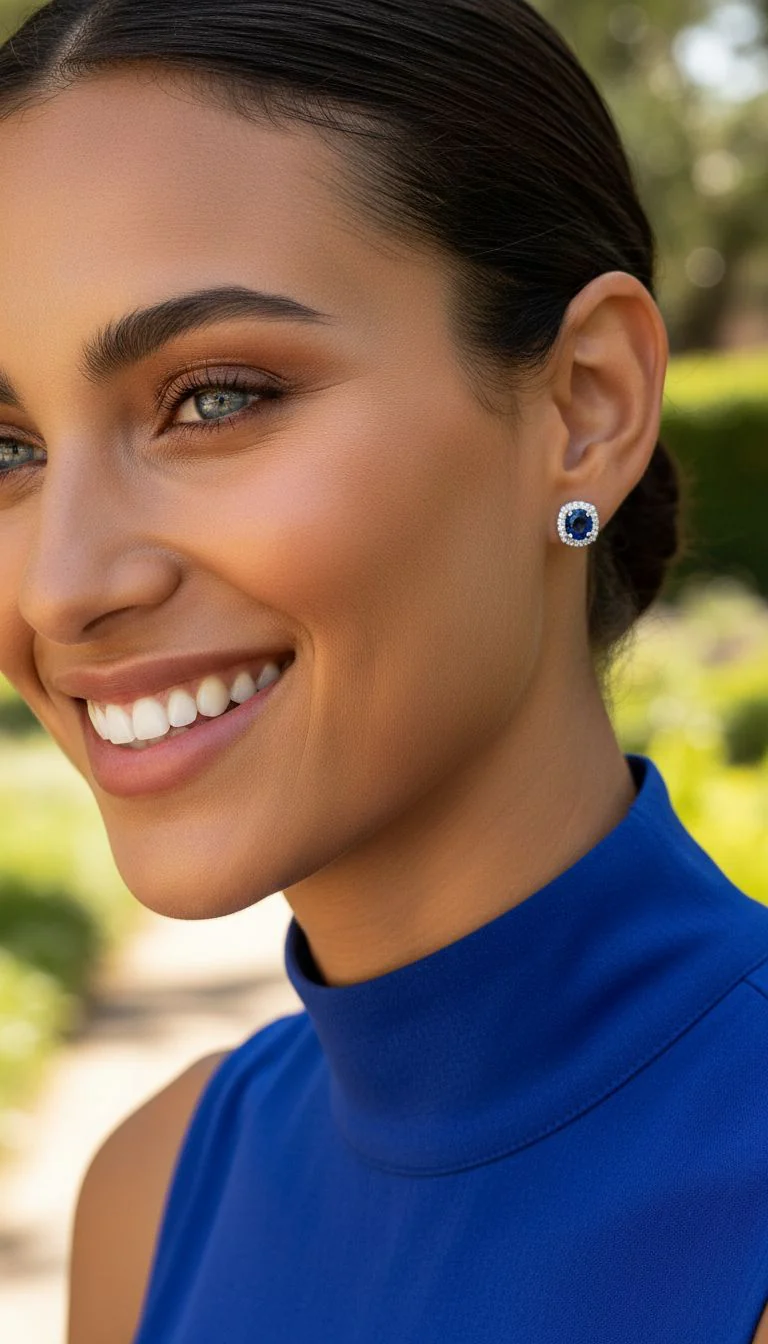 BOUCLES D'OREILLES EN ARGENT SOLITAIRE BLEU ET PIERRES - Image 2