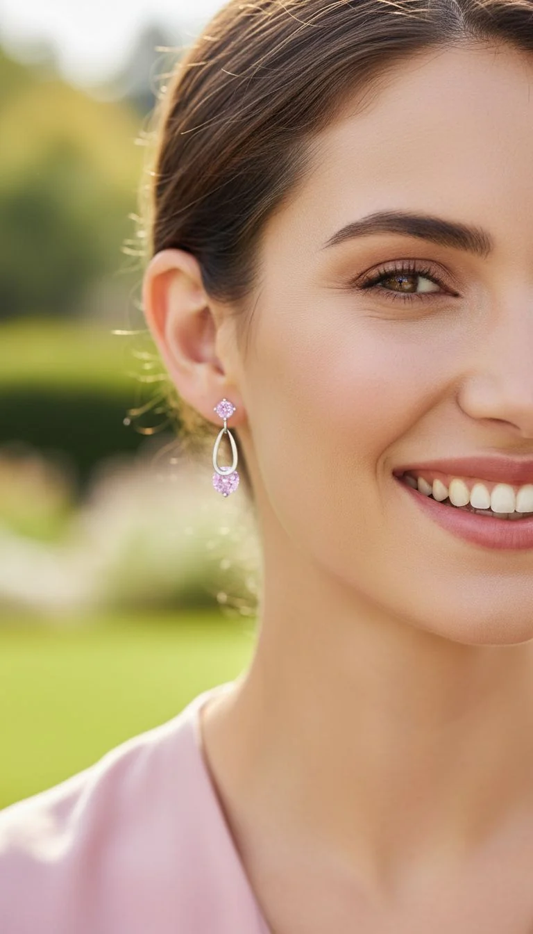 BOUCLES D'OREILLES EN ARGENT GOUTTE ET SOLITAIRE ROSE CLAIR - Image 2