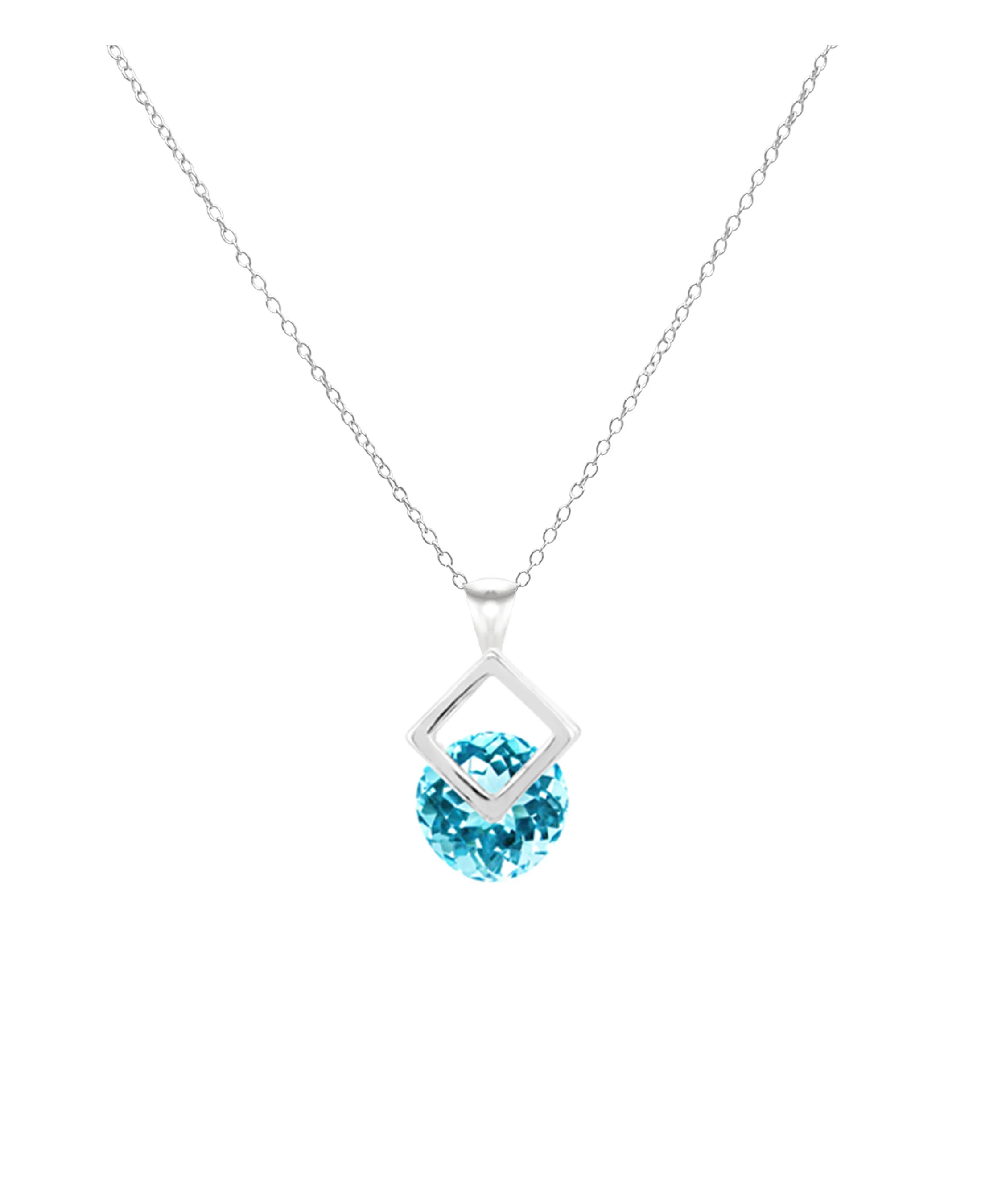 COLLIER EN ARGENT PENDENTIF CARRE ET SOLITAIRE BLEU CLAIR