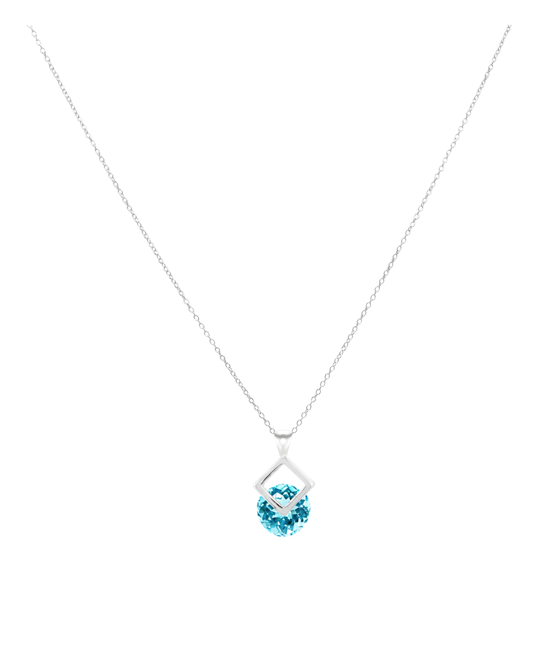 COLLIER EN ARGENT PENDENTIF CARRE ET SOLITAIRE BLEU CLAIR - Image 2