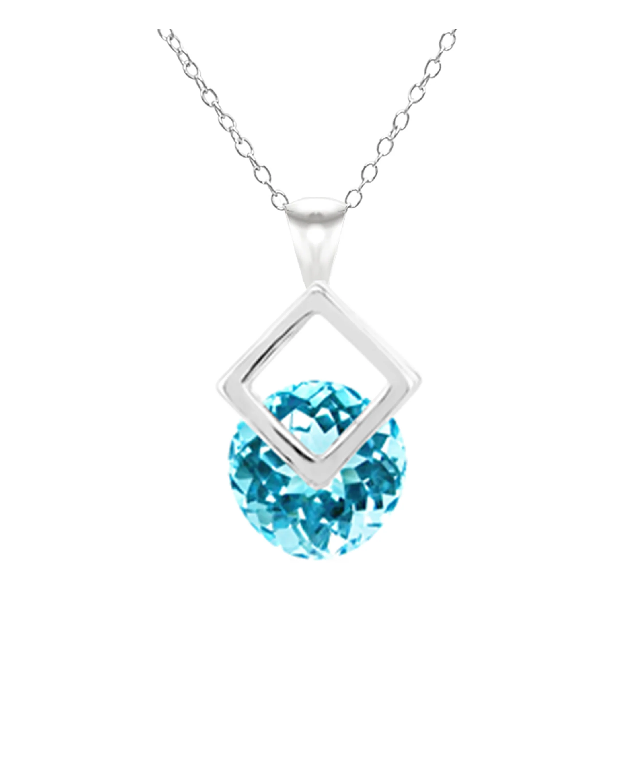 COLLIER EN ARGENT PENDENTIF CARRE ET SOLITAIRE BLEU CLAIR - Image 3