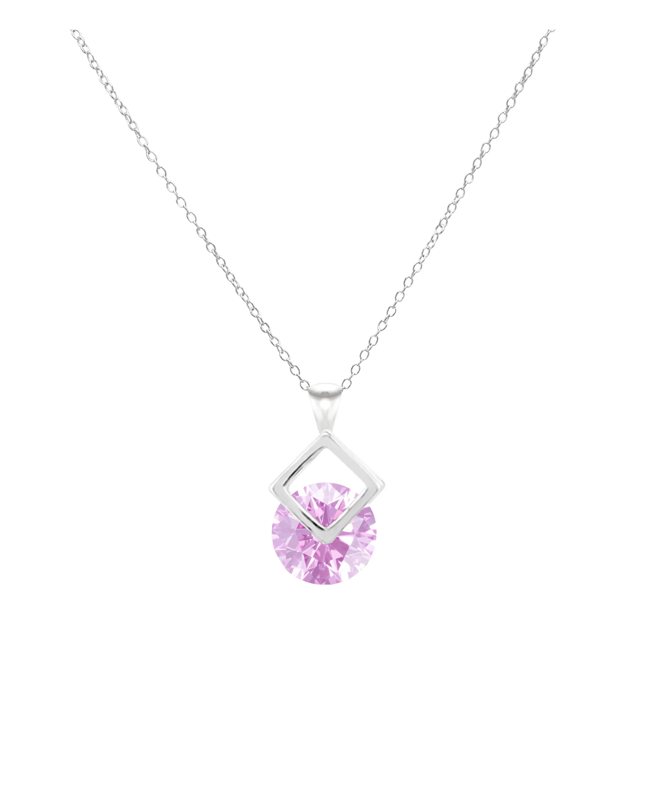 COLLIER EN ARGENT PENDENTIF CARRE SOLITAIRE ROSE CLAIR