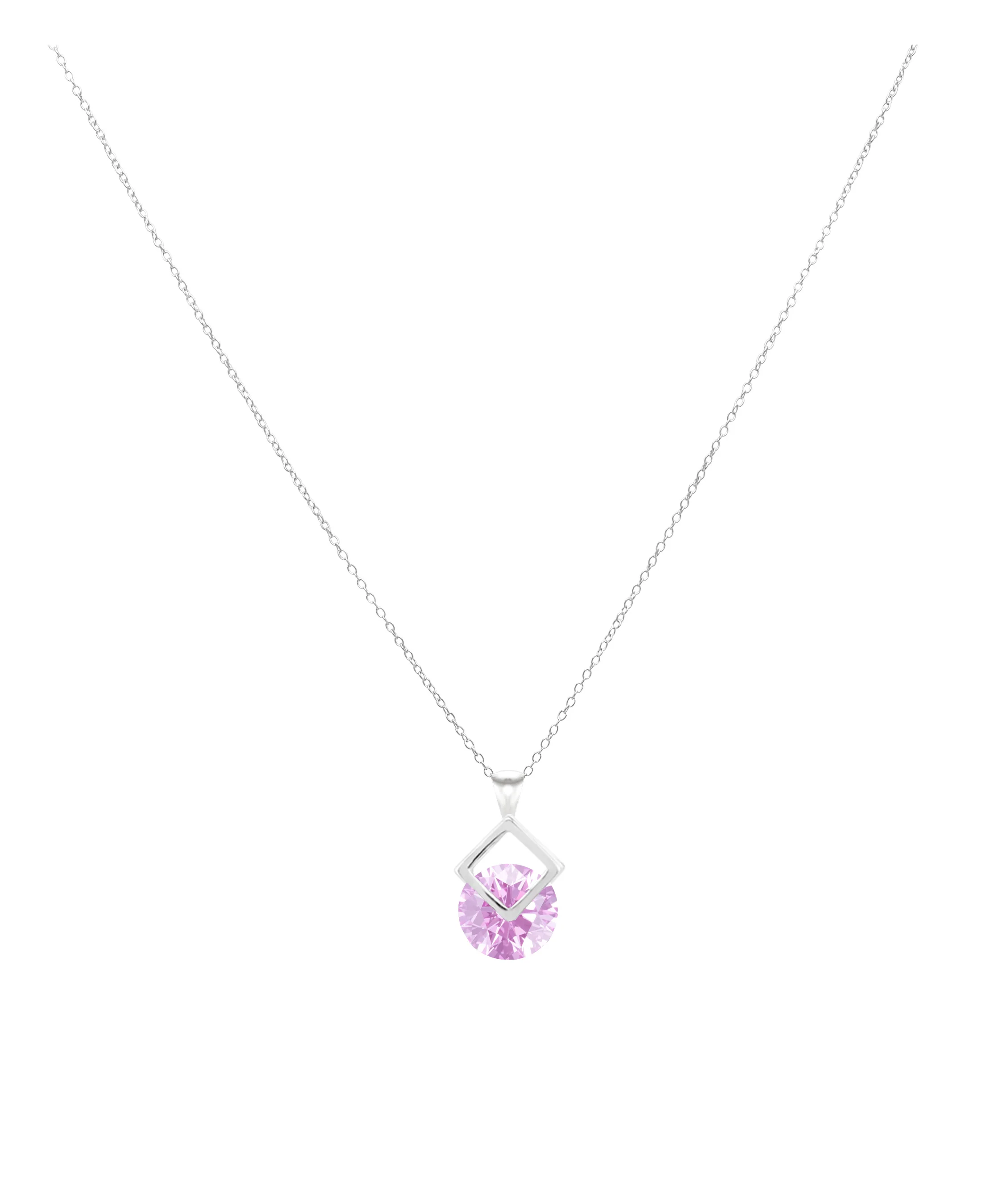 COLLIER EN ARGENT PENDENTIF CARRE SOLITAIRE ROSE CLAIR - Image 2
