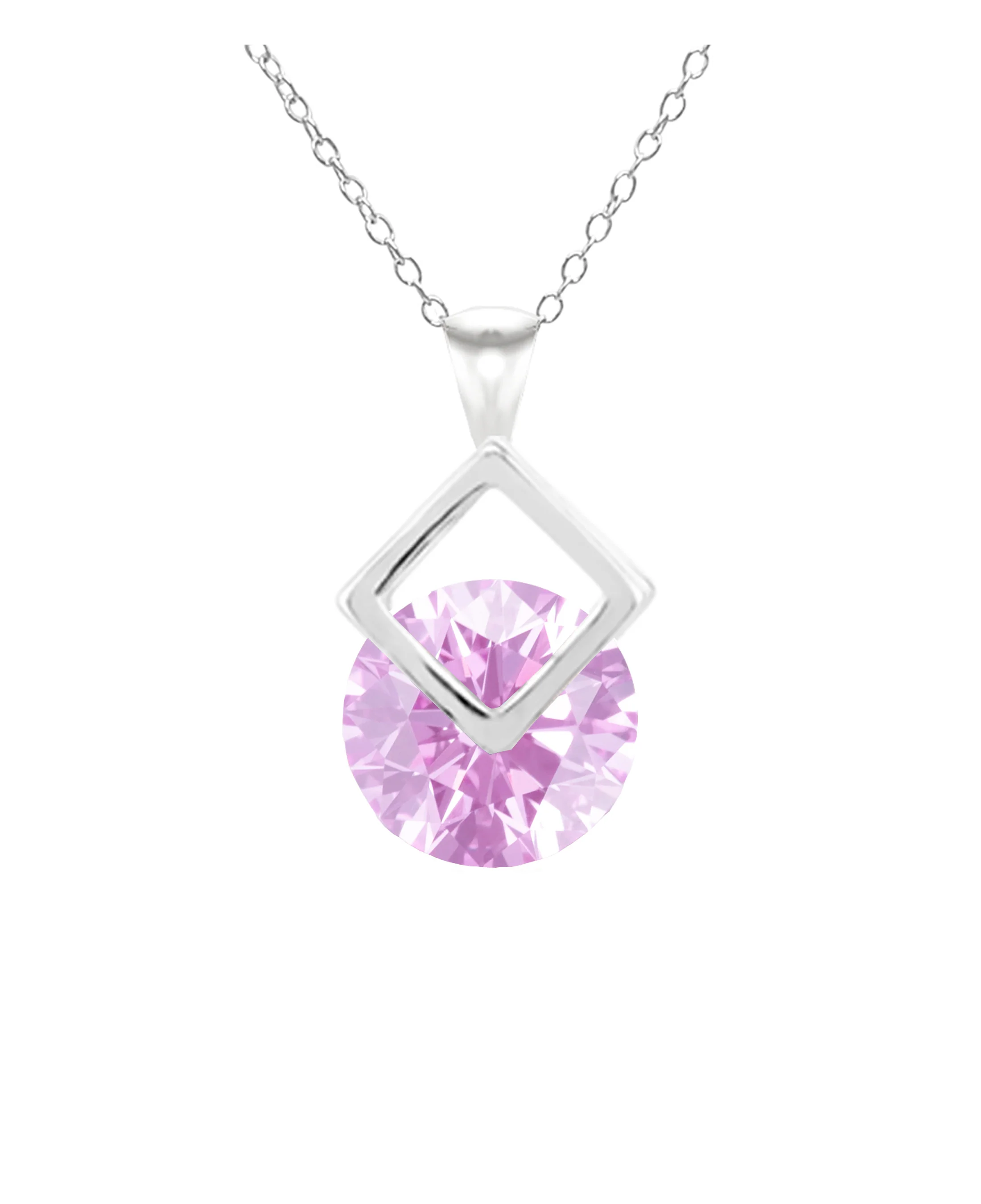 COLLIER EN ARGENT PENDENTIF CARRE SOLITAIRE ROSE CLAIR - Image 3
