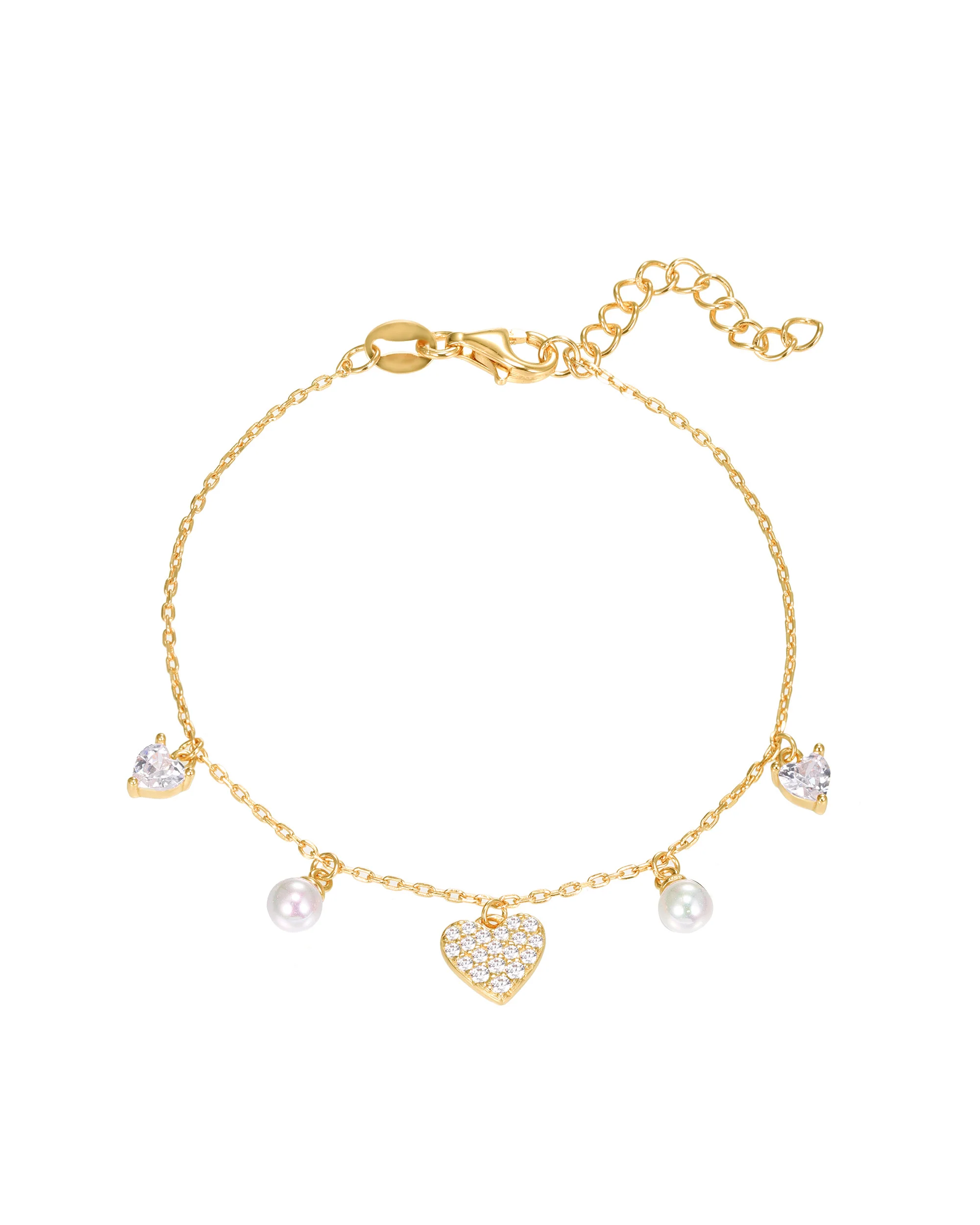BRACELET EN PLAQUE OR BRELOQUES COEURS ET PERLES
