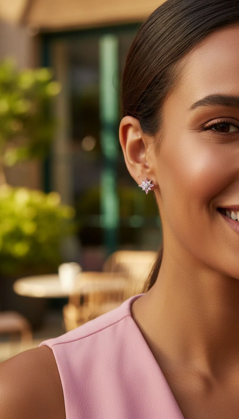 BOUCLES D'OREILLES EN ARGENT FLEUR AVEC ZIRCONIUM BLANC ET ROSE - Image 2